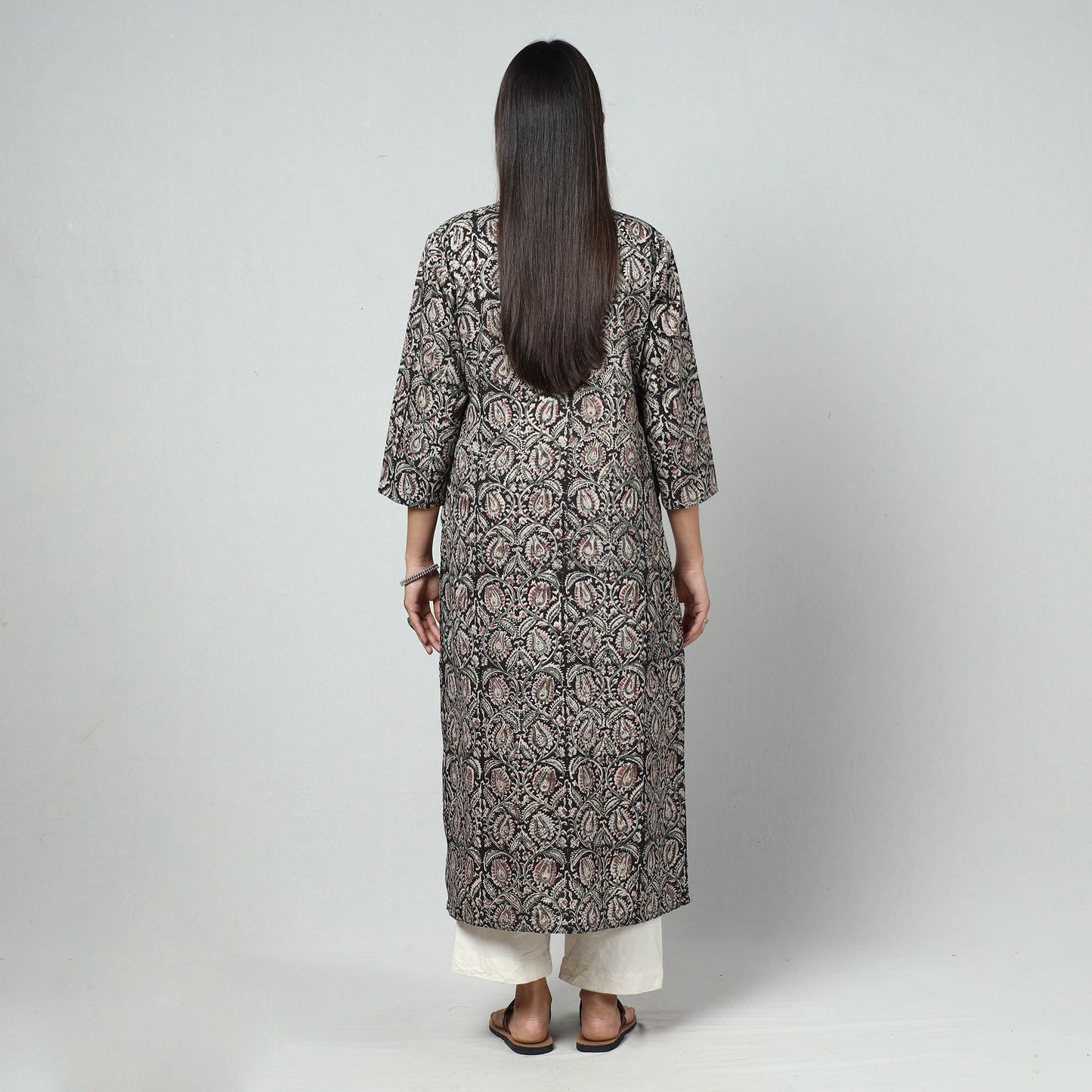 Black - kalamkari printed cotton long straight kurta