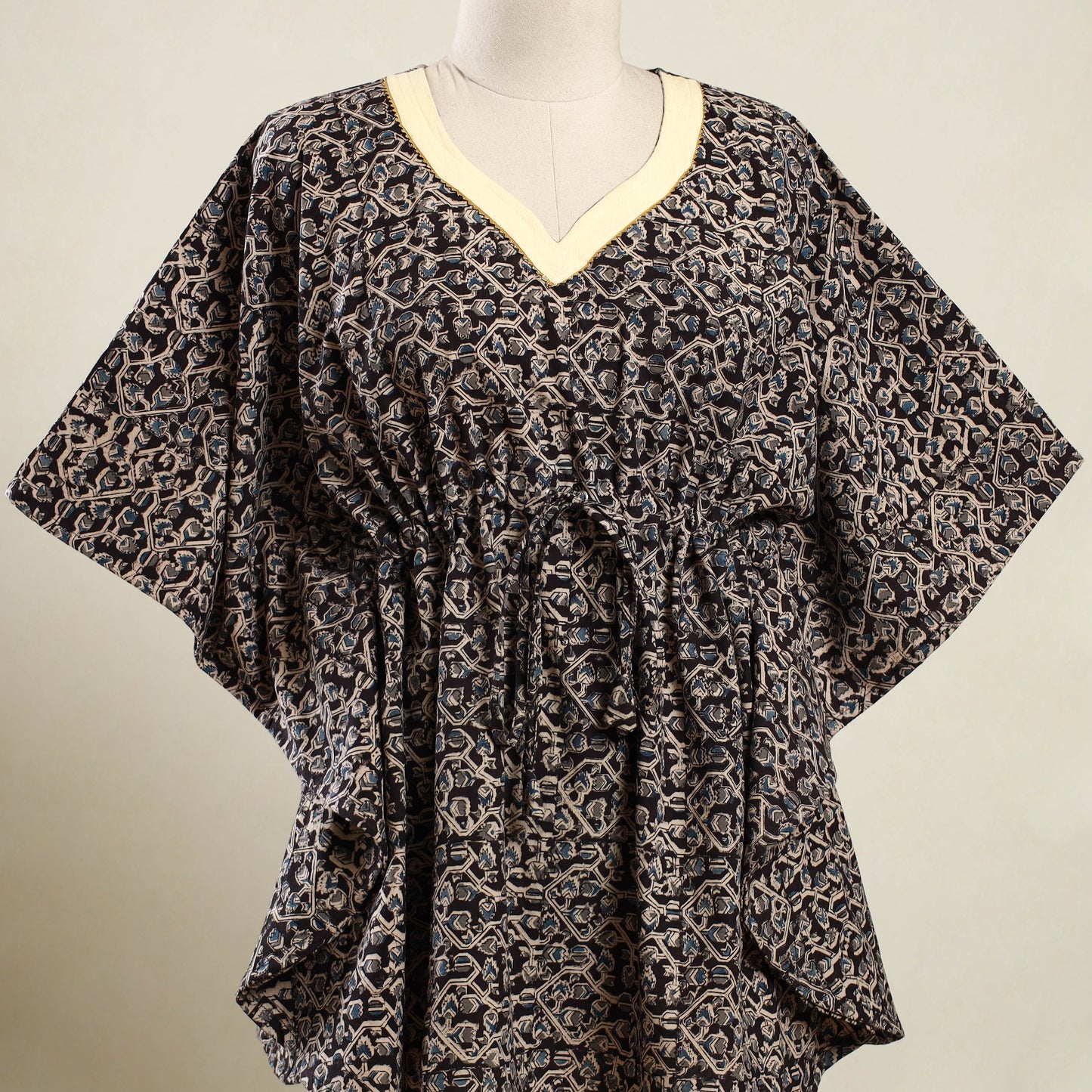 Black Kalamkari Block Print Cotton Kaftan