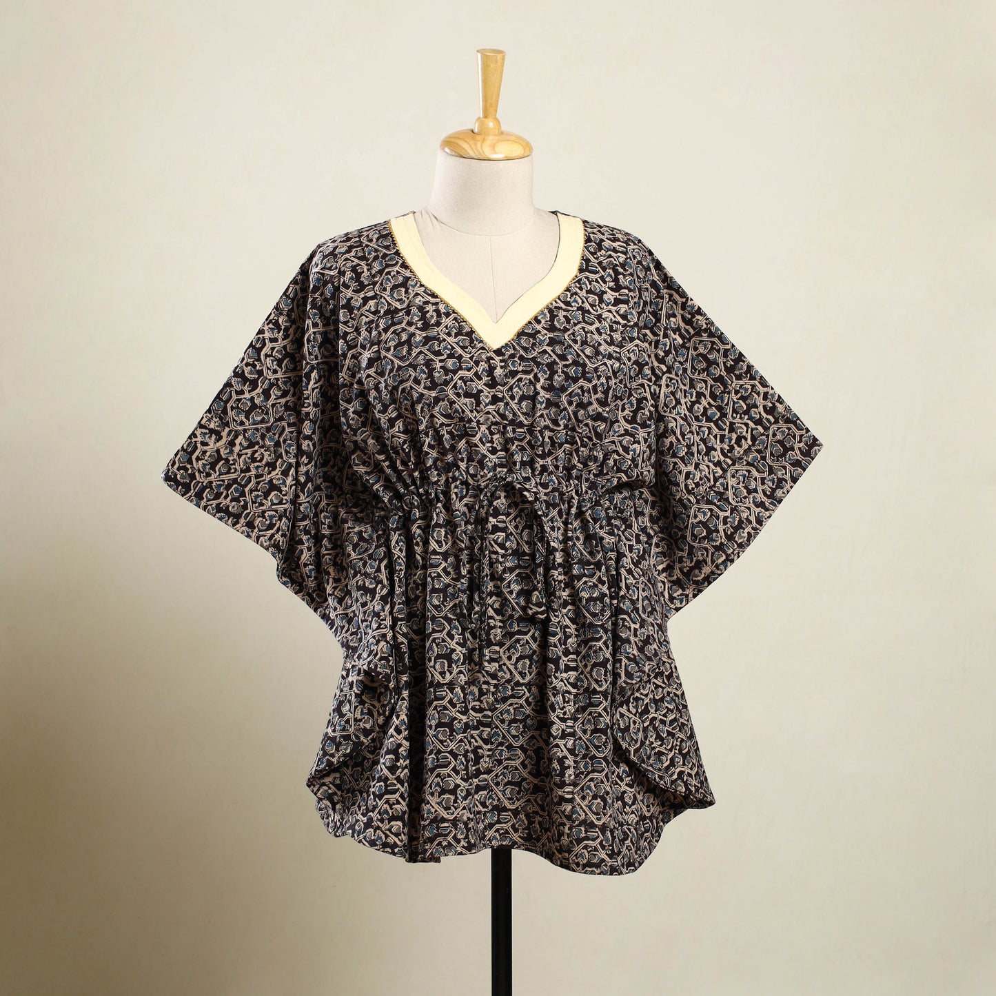 Black Kalamkari Block Print Cotton Kaftan