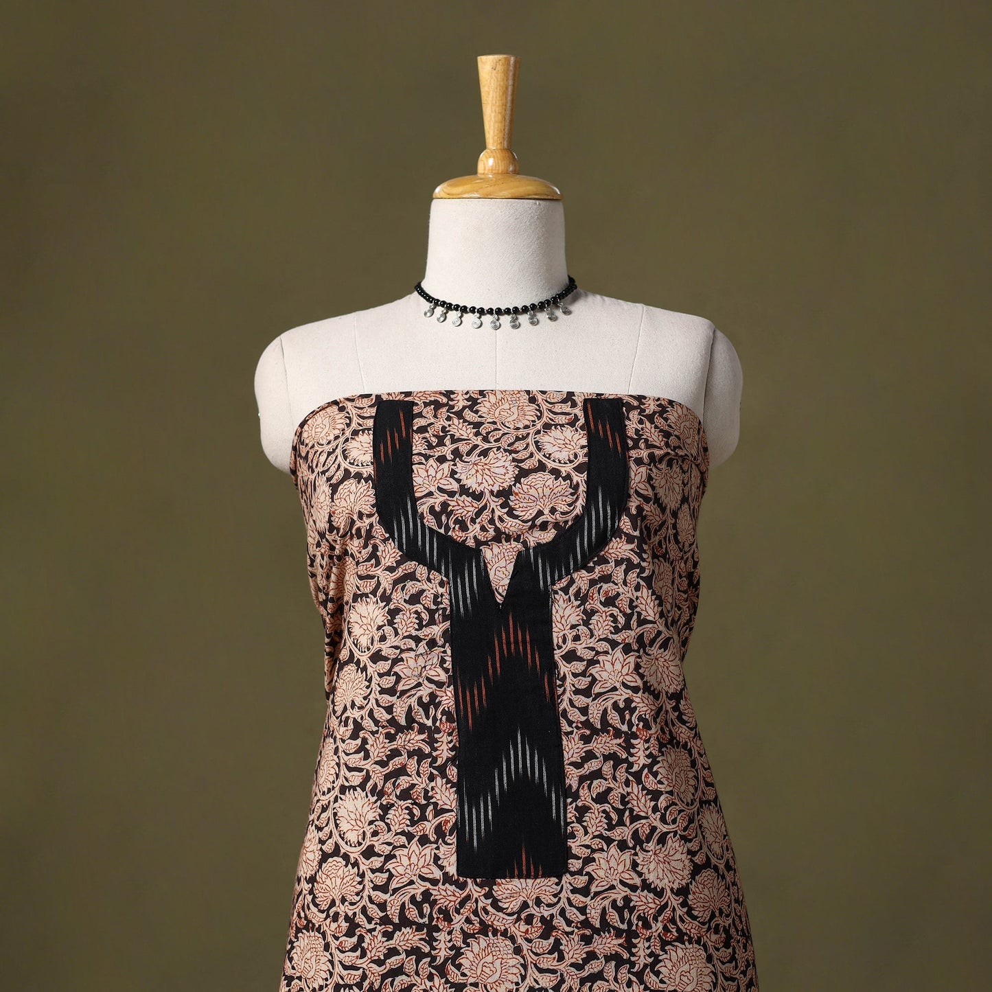 Black Kalamkari Print Cotton Unstitched Kurta Material