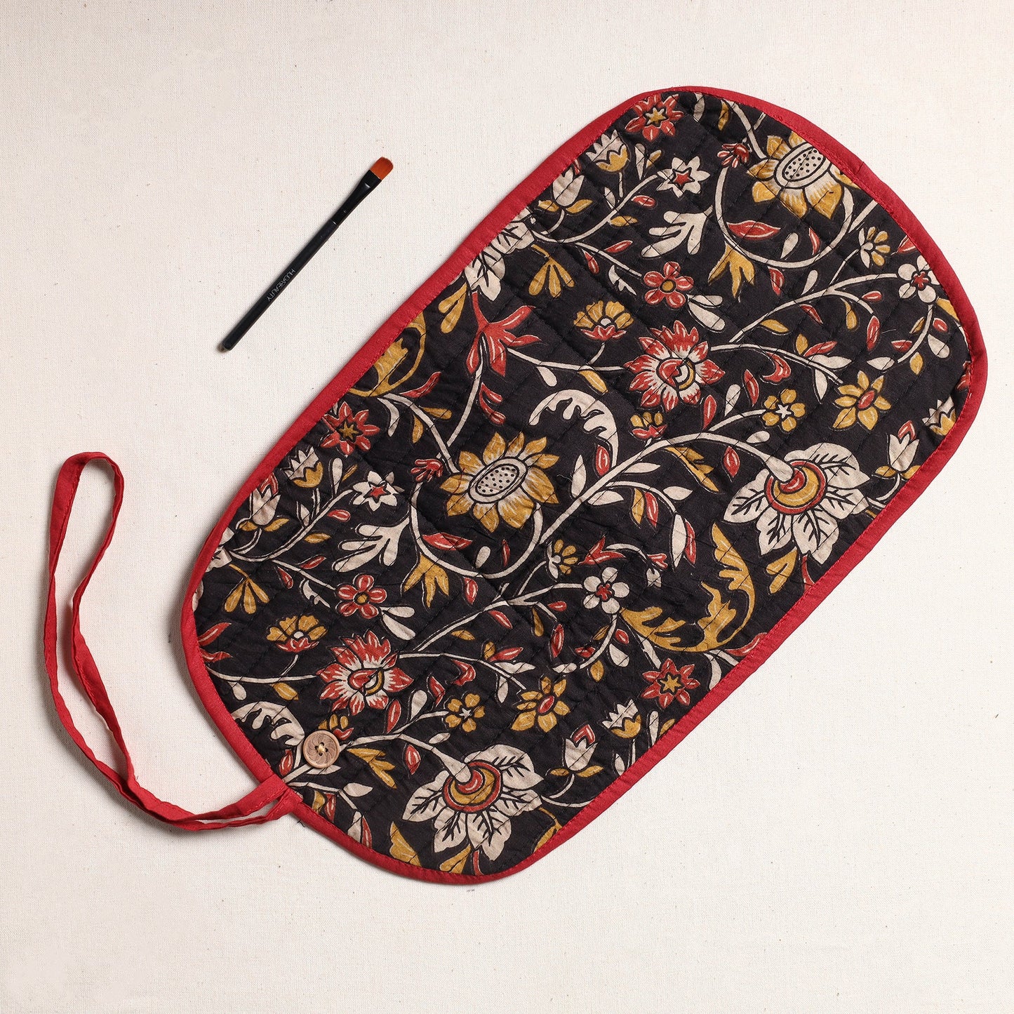 Kalamkari Fabric Multipurpose Segmented Make-up Brush Wrap Pouch/Case