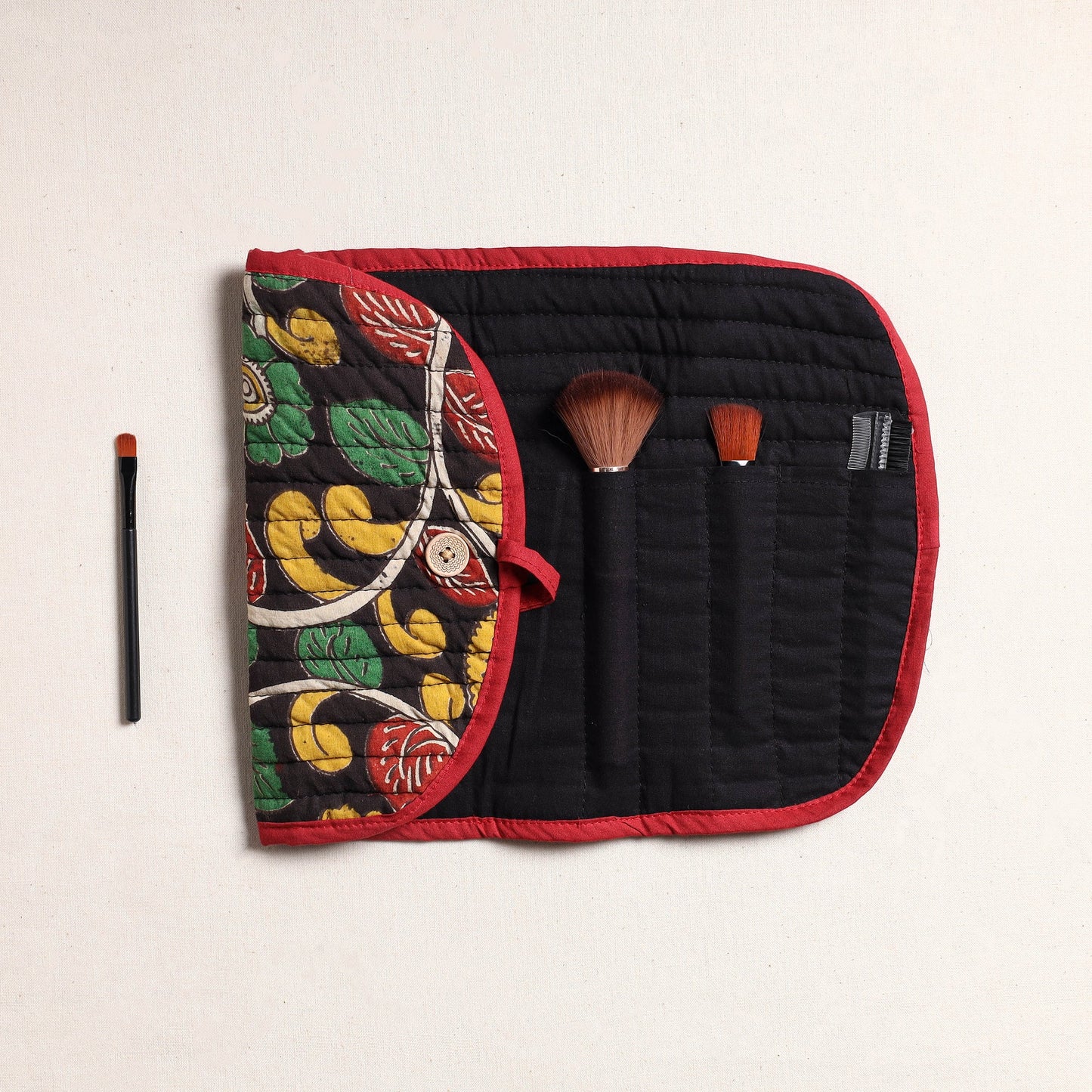 Kalamkari Fabric Multipurpose Segmented Make-up Brush Wrap Pouch/Case