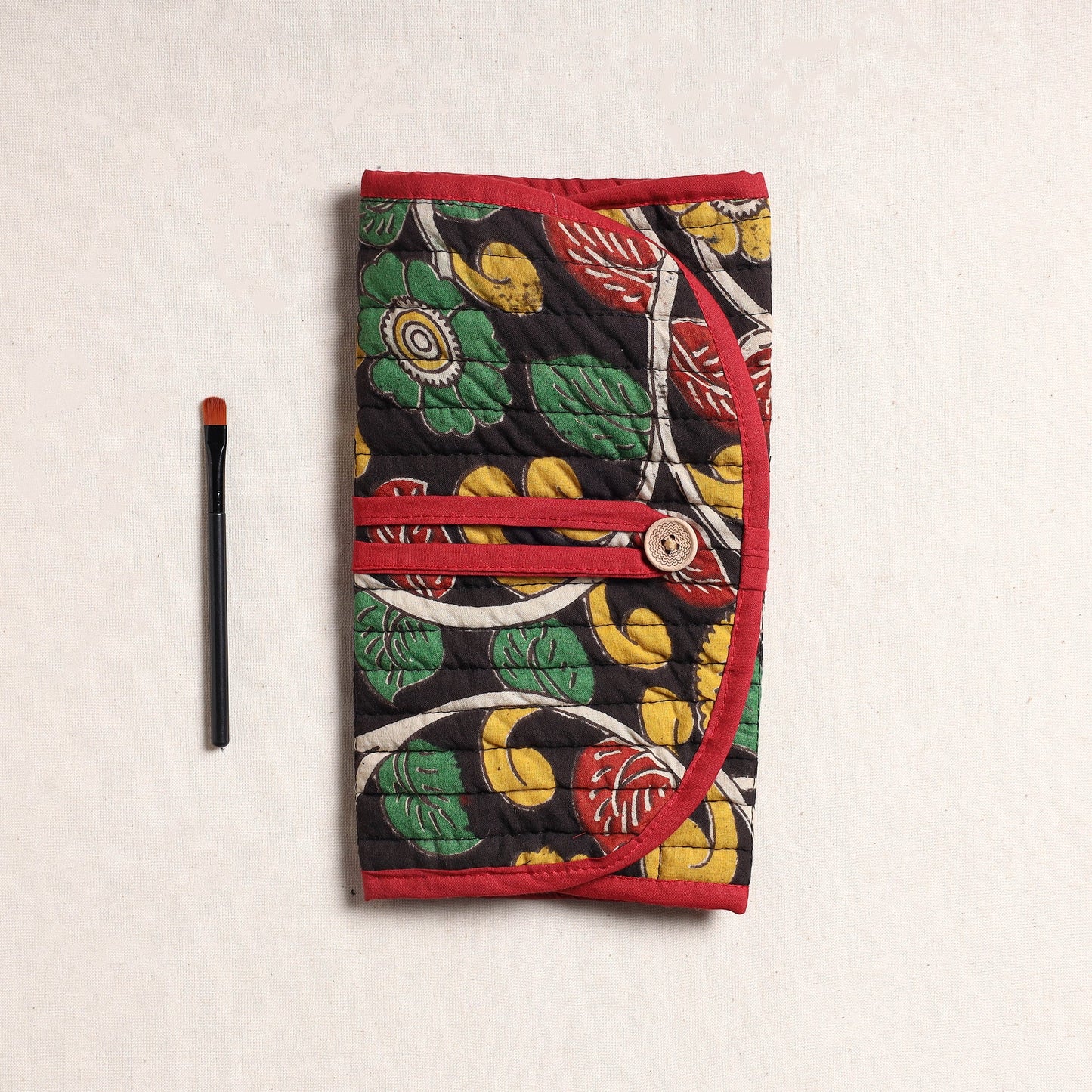Kalamkari Fabric Multipurpose Segmented Make-up Brush Wrap Pouch/Case