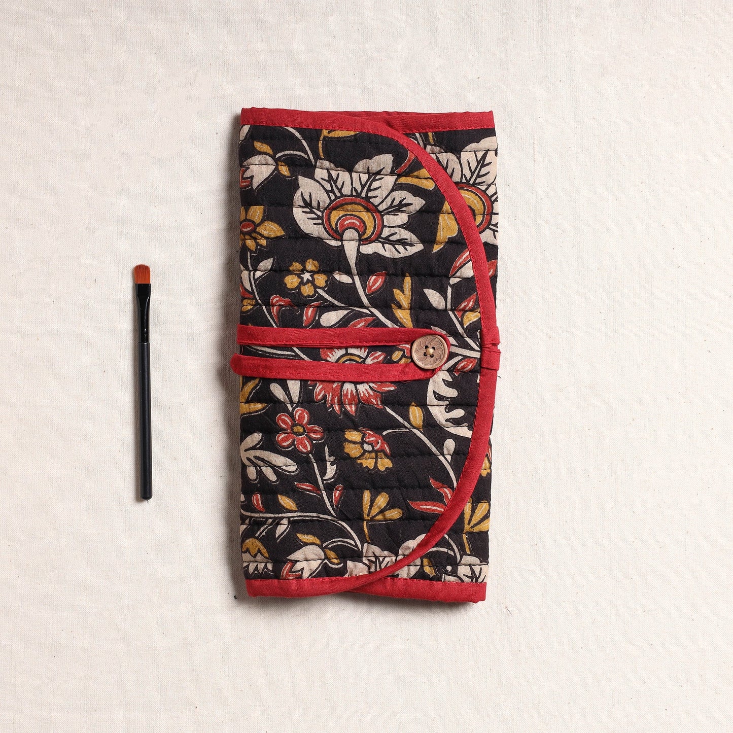 Kalamkari Fabric Multipurpose Segmented Make-up Brush Wrap Pouch/Case