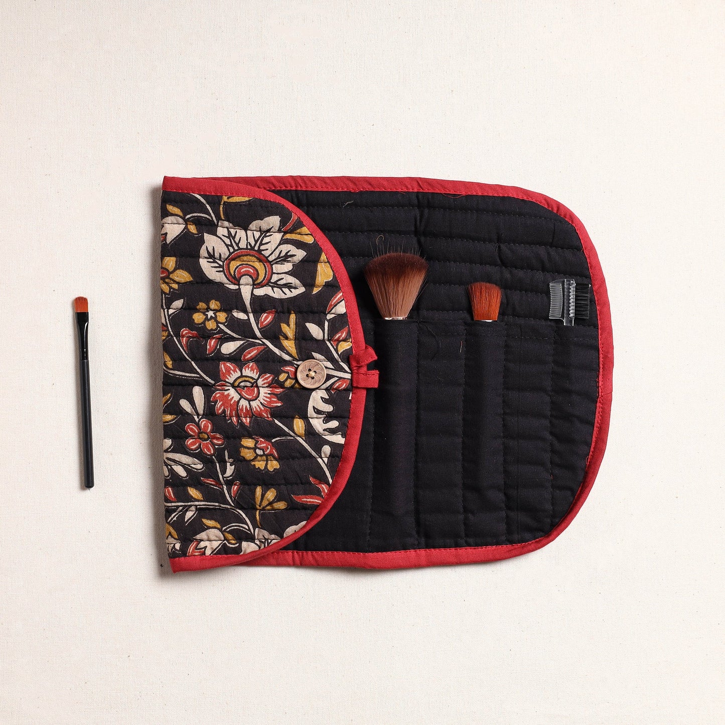 Kalamkari Fabric Multipurpose Segmented Make-up Brush Wrap Pouch/Case