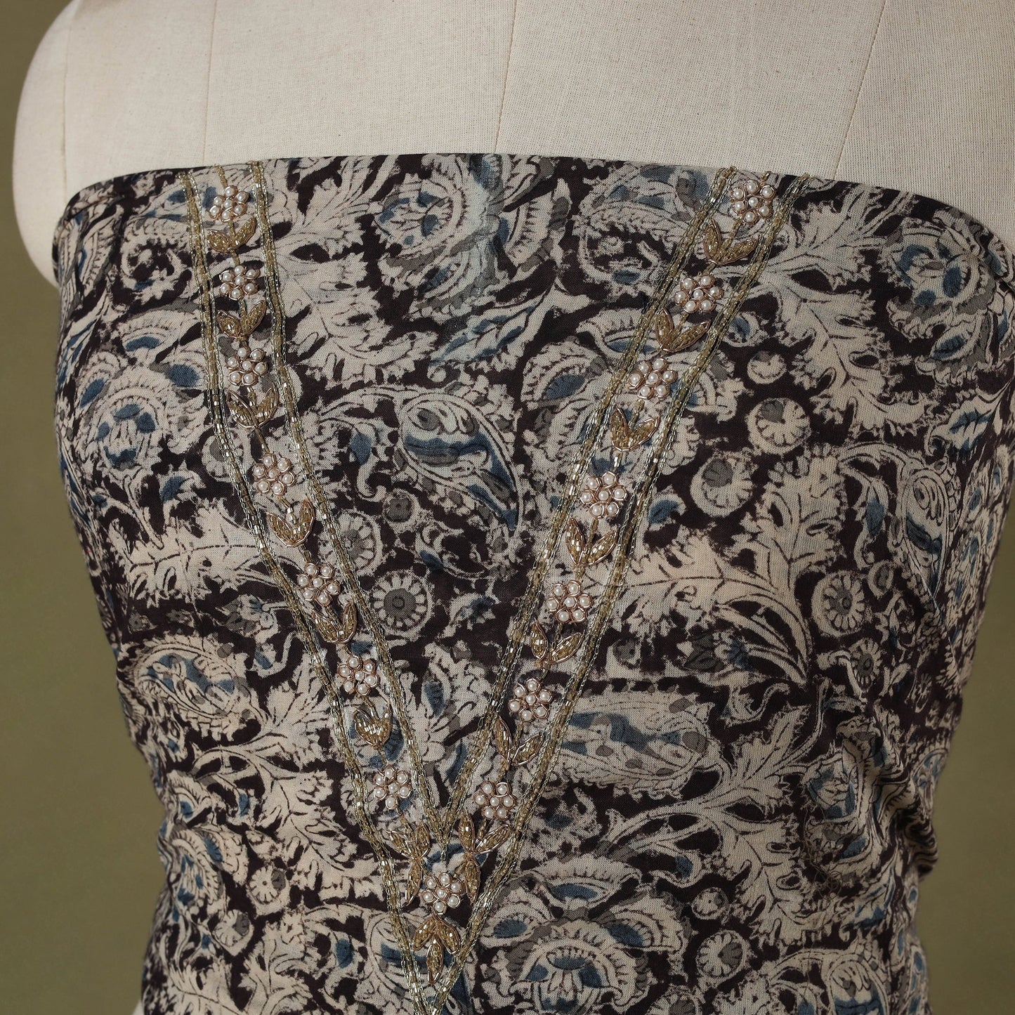 Kalamkari Print Hand Embroidery Cotton Blouse Piece