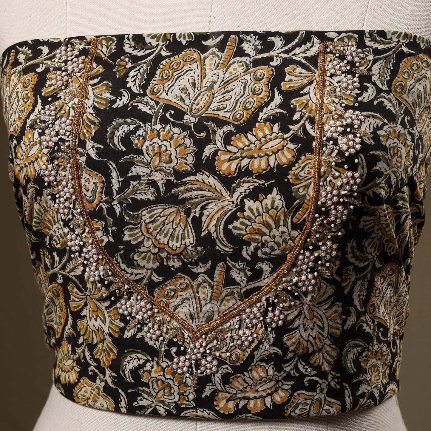 Black Kalamkari Print Hand Embroidery Cotton Blouse Piece