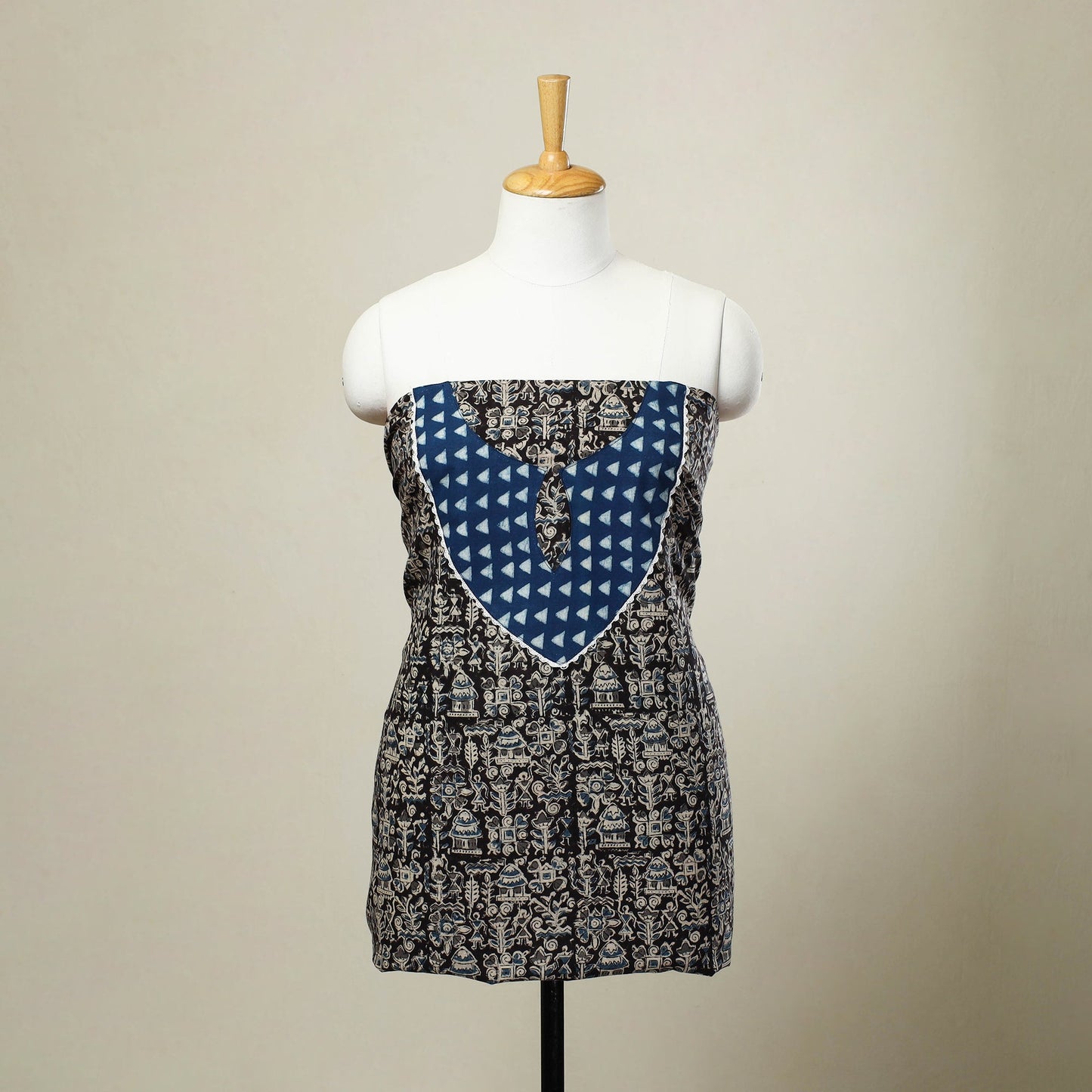 Black Kalamkari Print Patchwork Cotton Kurta Material