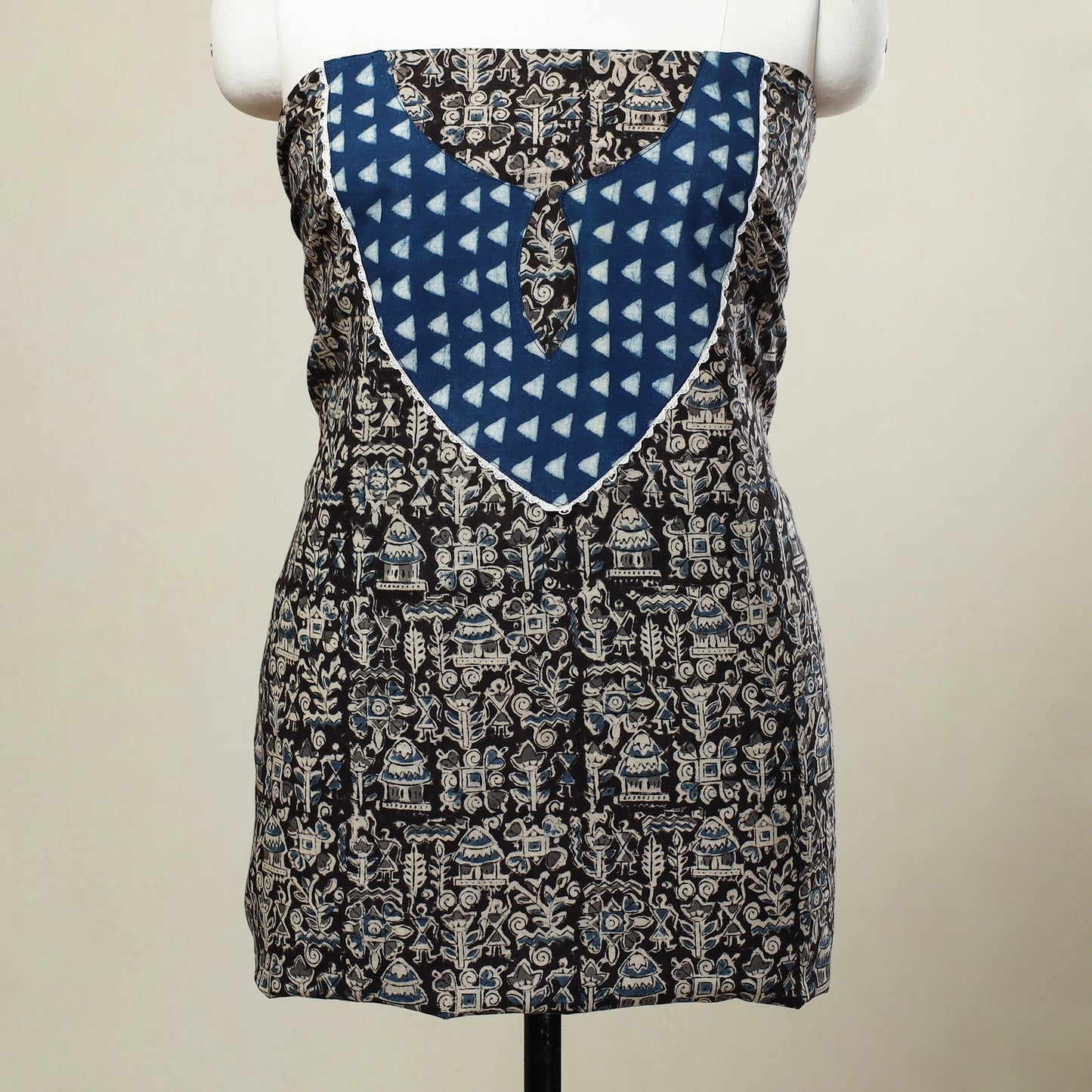 Black Kalamkari Print Patchwork Cotton Kurta Material