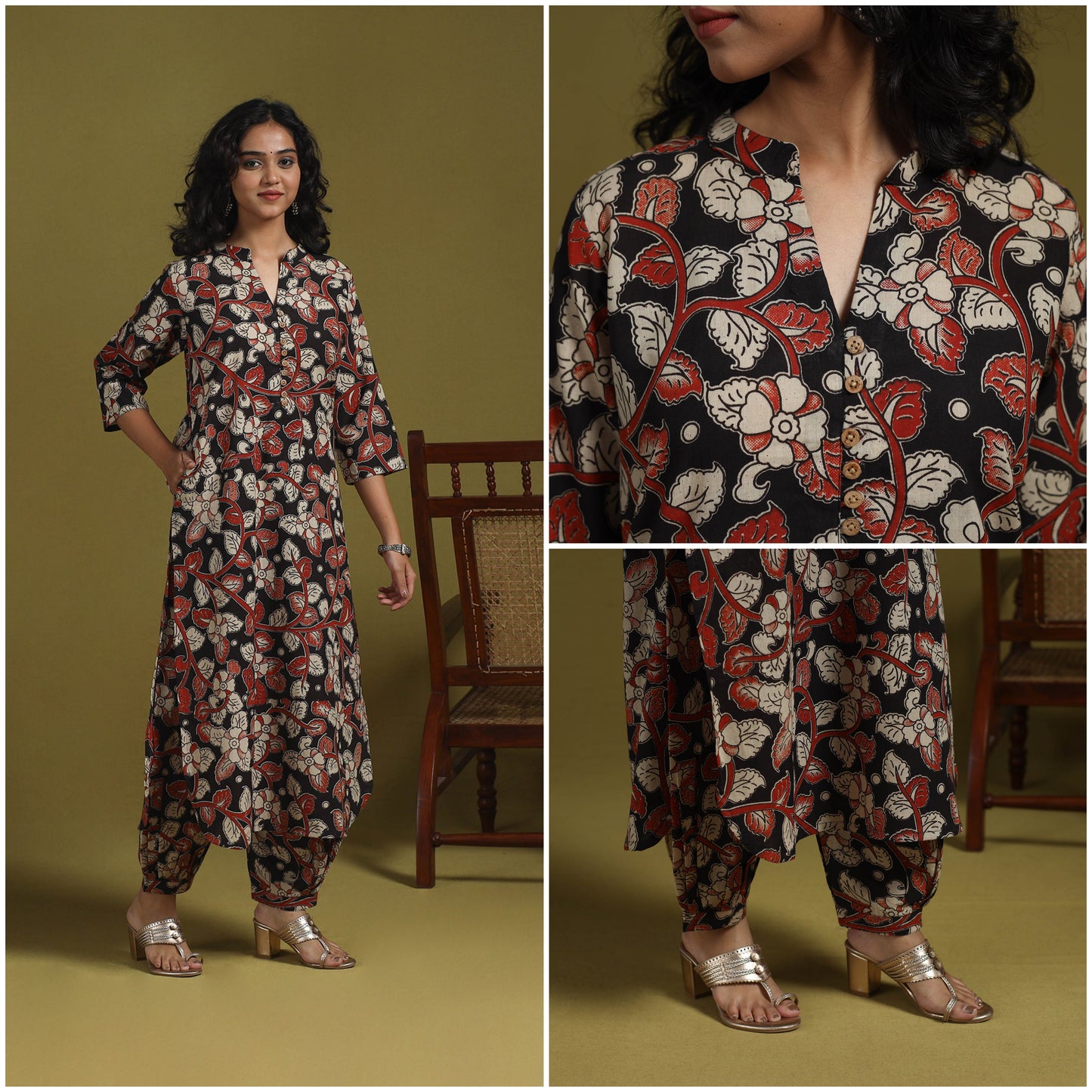 Black - kalamkari printed cotton 2pc kurta set for women 03