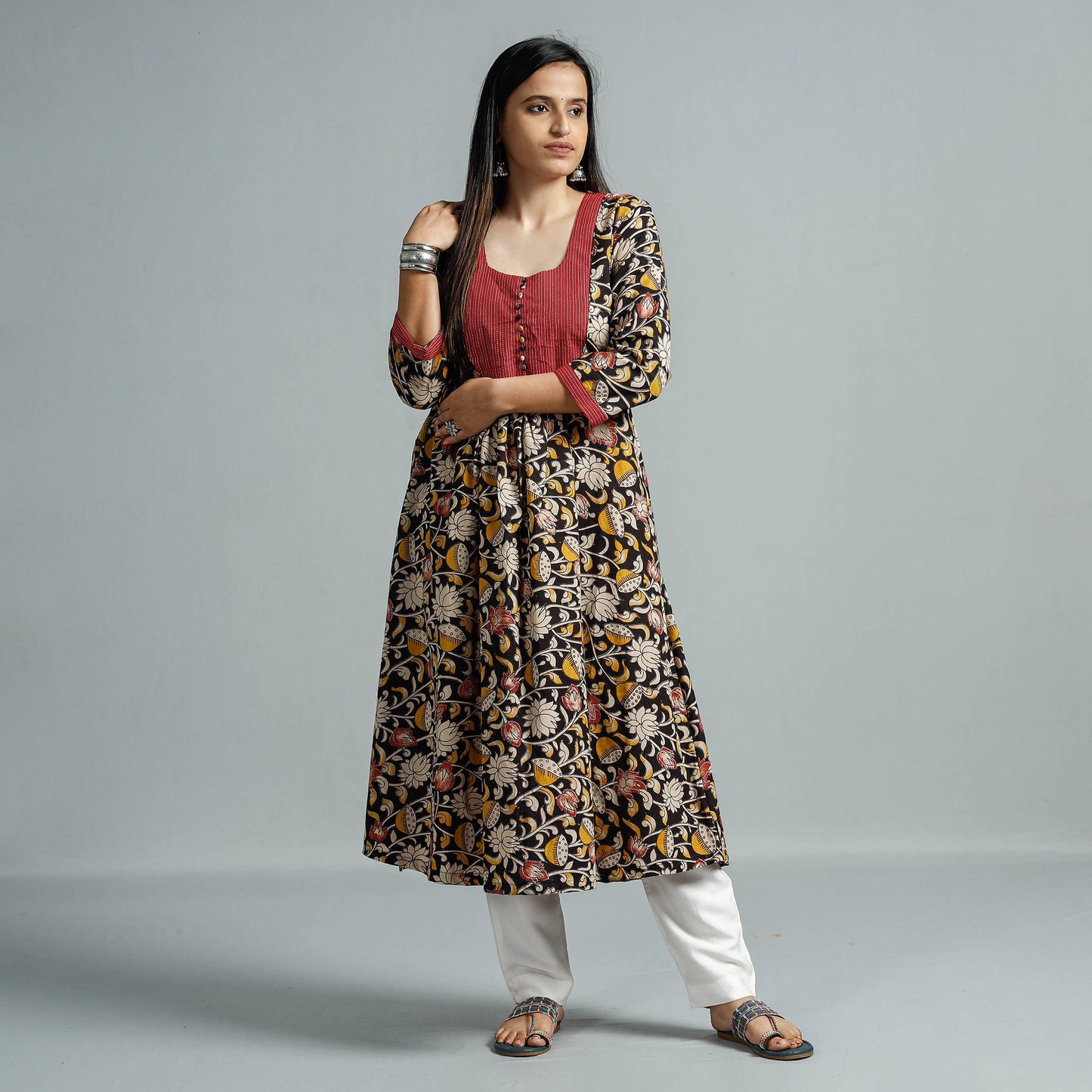 Kalamkari Printed Cotton Flared Kurta for Women