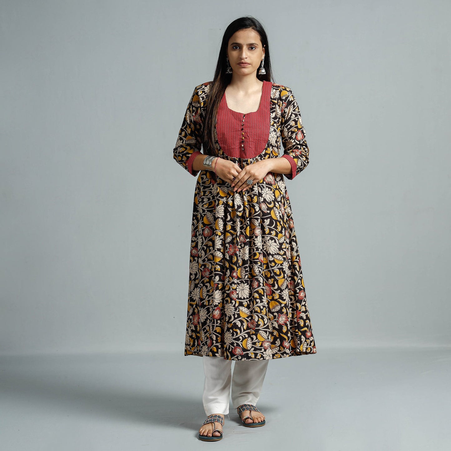 Kalamkari Printed Cotton Flared Kurta for Women