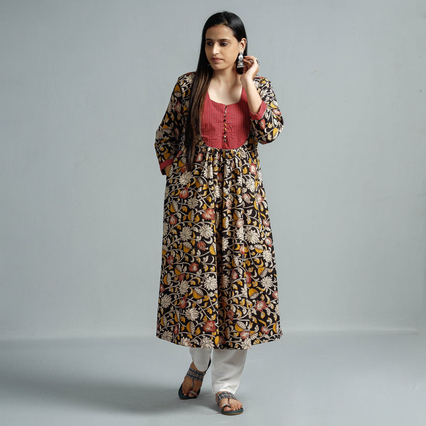 Kalamkari Printed Cotton Flared Kurta for Women