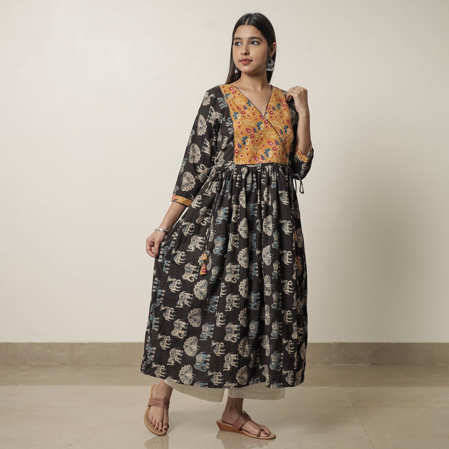 Kalamkari Printed Cotton Flared Kurta with Patchwork 12