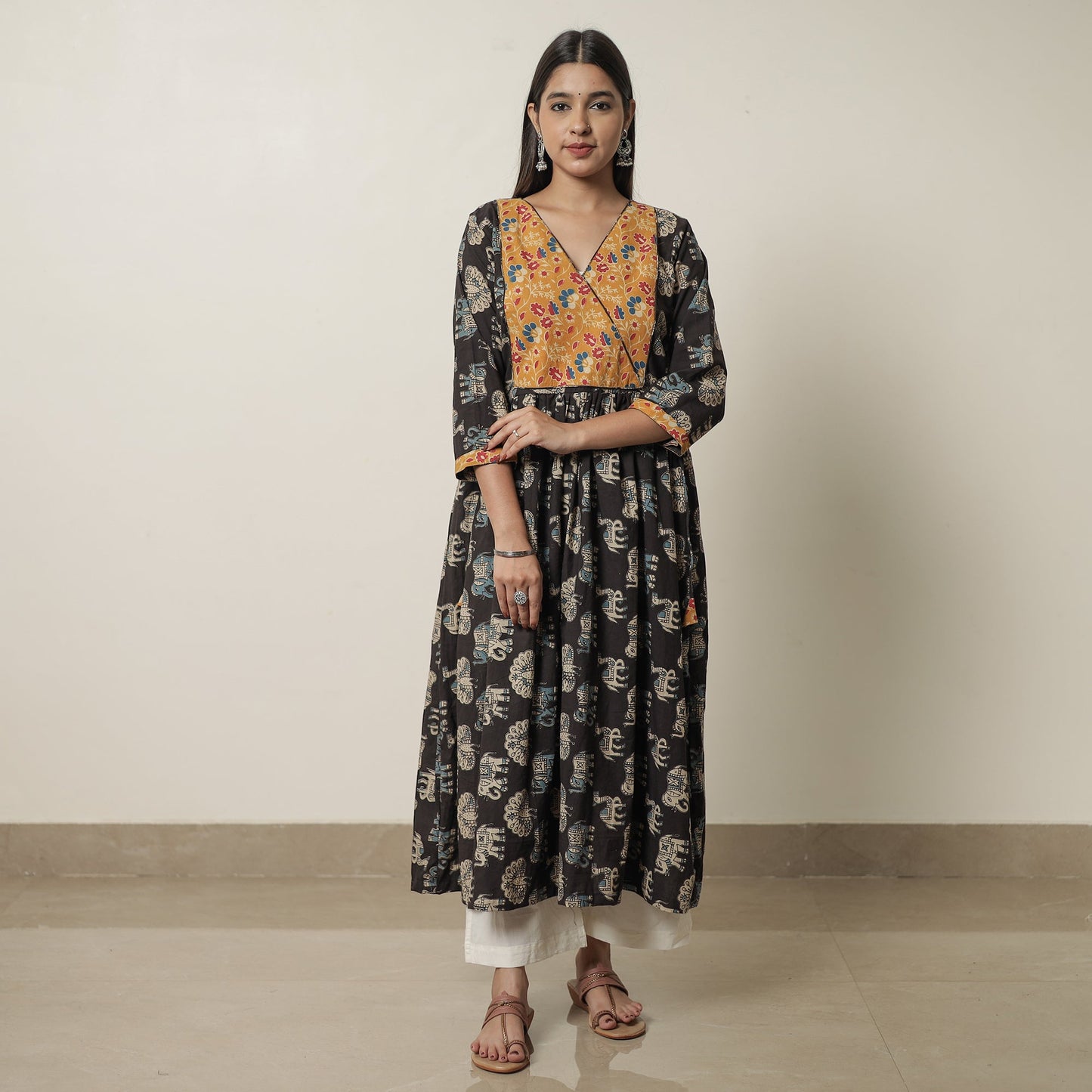 Kalamkari Printed Cotton Flared Kurta with Patchwork 12