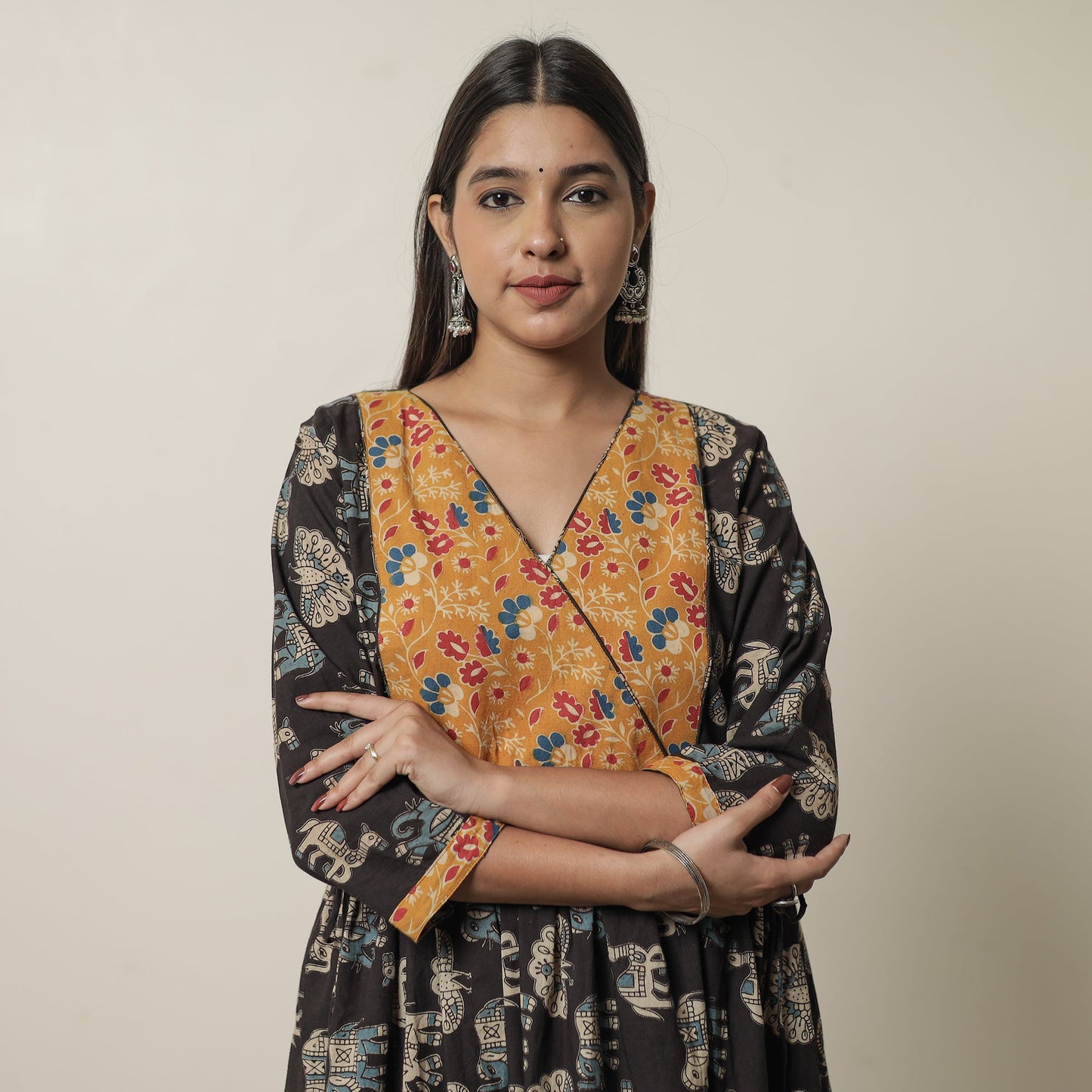 Kalamkari Printed Cotton Flared Kurta with Patchwork 12