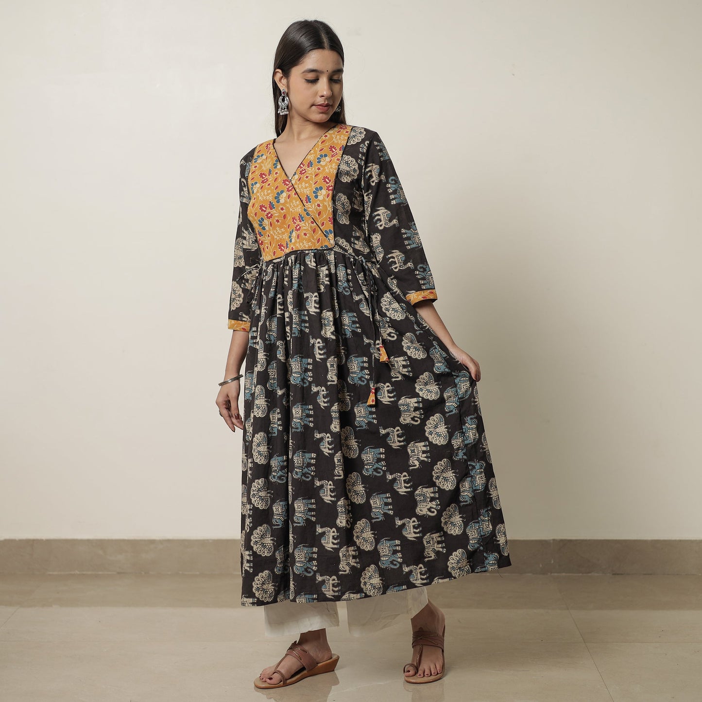 Kalamkari Printed Cotton Flared Kurta with Patchwork 12