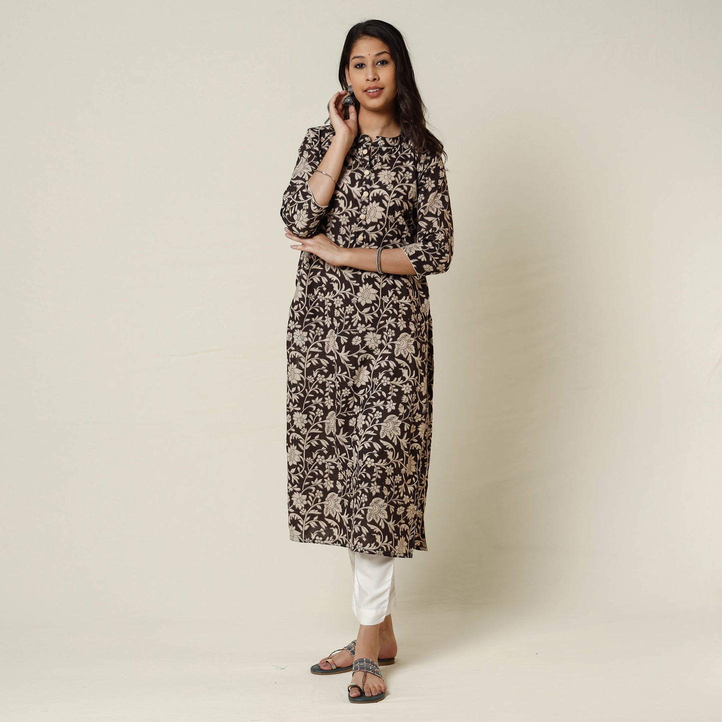 Black - kalamkari printed cotton long kurta - handcrafted