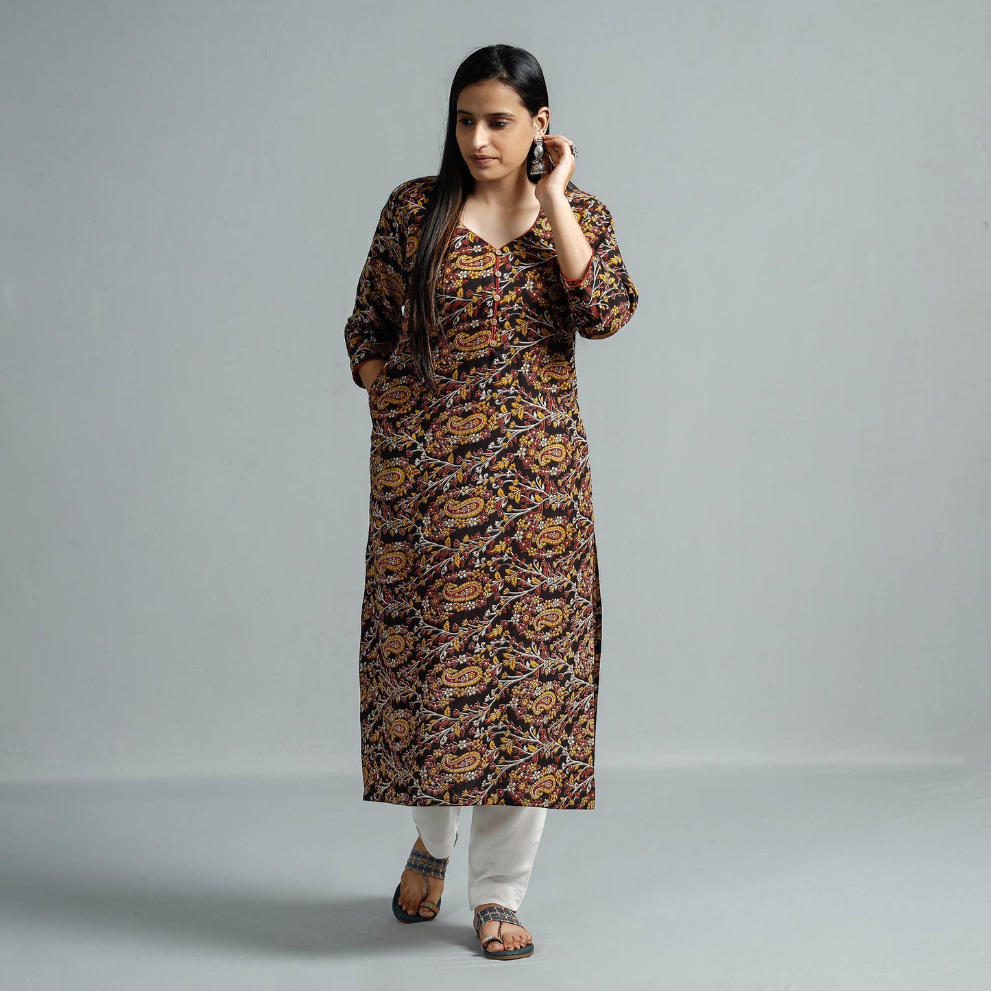Kalamkari Printed Cotton Straight Kurta For Women