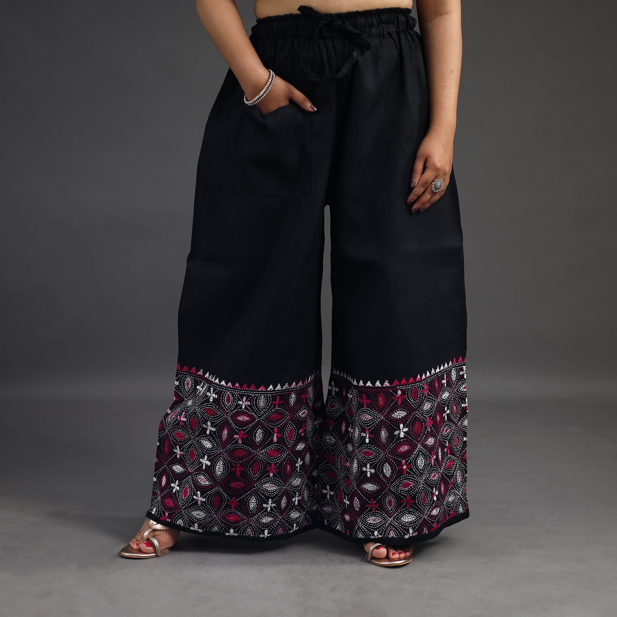 Dark Green - Kantha Hand Embroidery Palazzo in Cotton 50