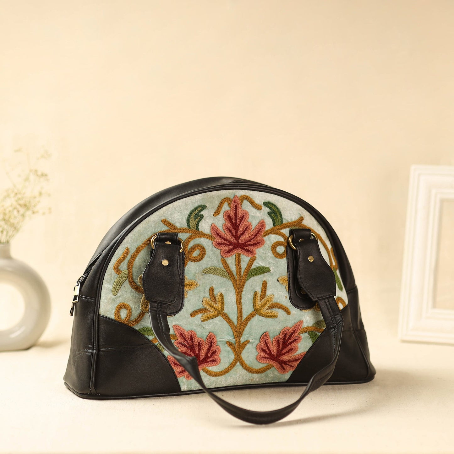 Black Kashmiri Crewel Hand Embroidered Leather Handbag