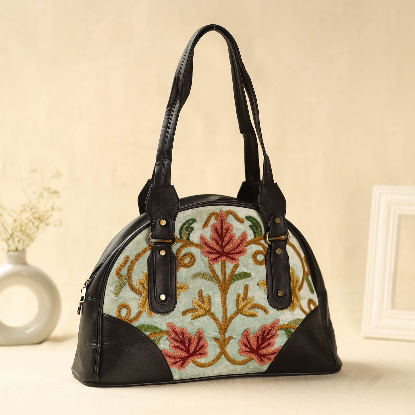 Black Kashmiri Crewel Hand Embroidered Leather Handbag