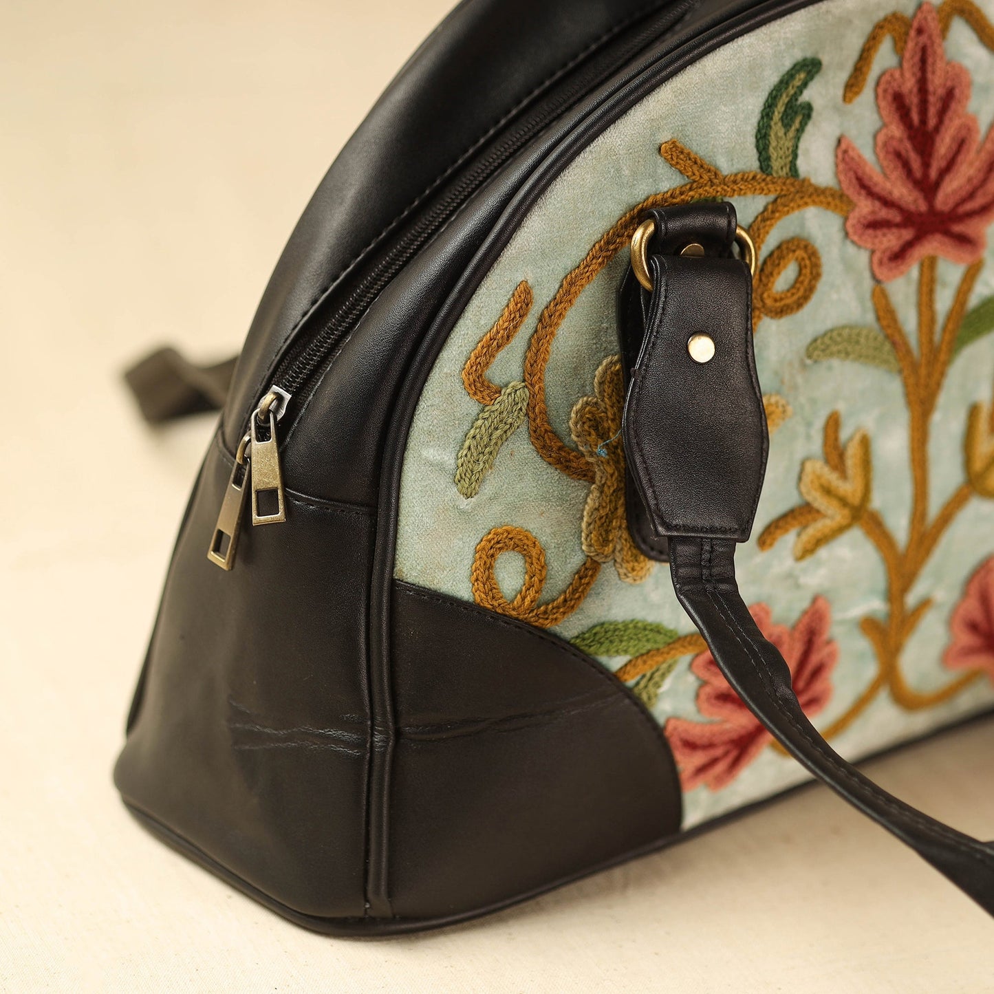 Black Kashmiri Crewel Hand Embroidered Leather Handbag