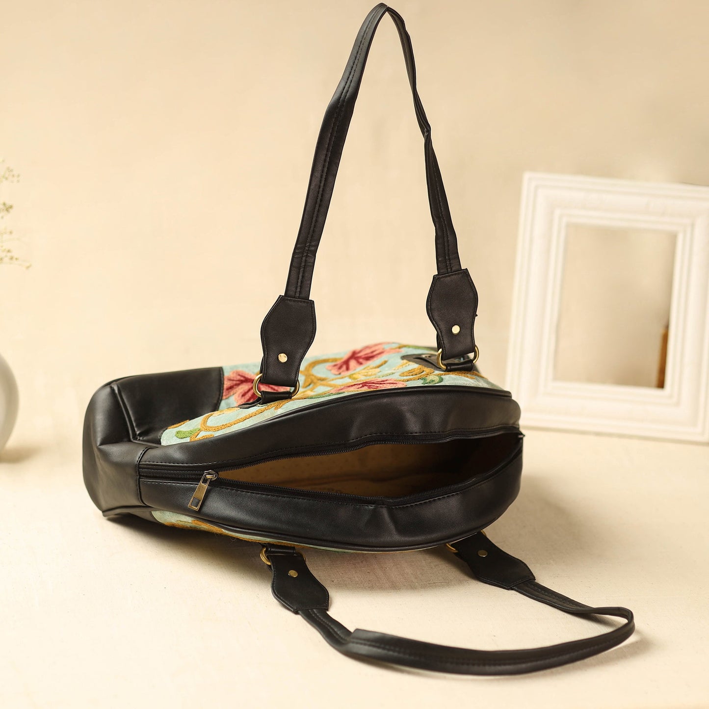 Black Kashmiri Crewel Hand Embroidered Leather Handbag
