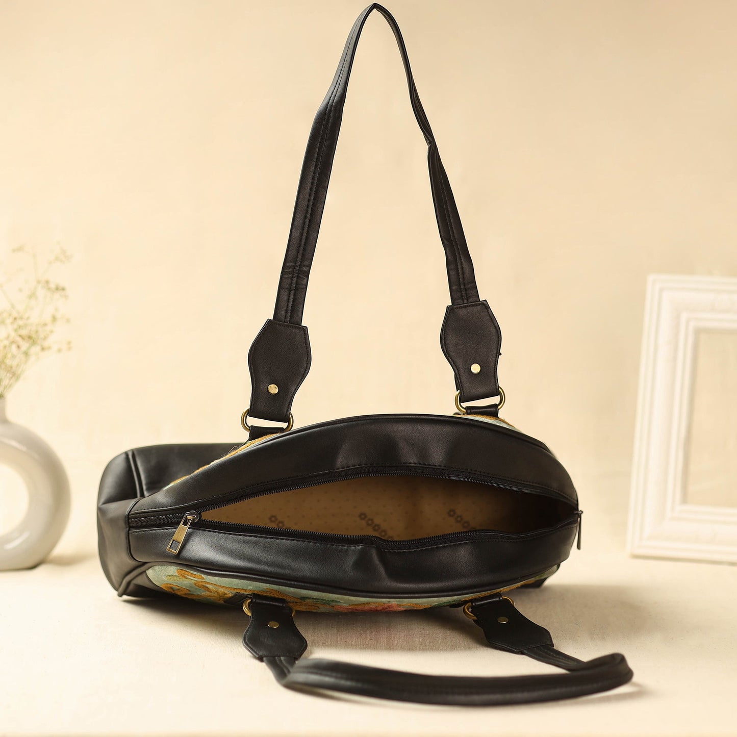 Black Kashmiri Crewel Hand Embroidered Leather Handbag