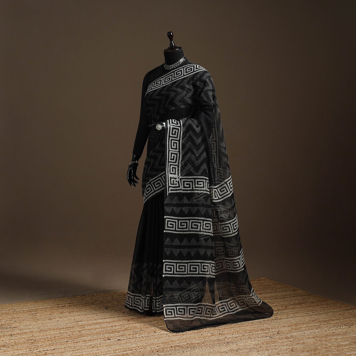 Black - kota doria cotton sanganeri saree - handcrafted
