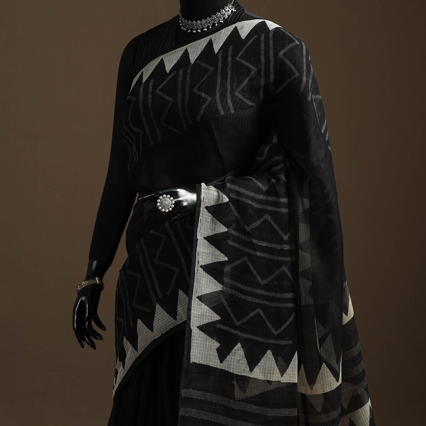 Black - kota doria cotton sanganeri saree - handcrafted