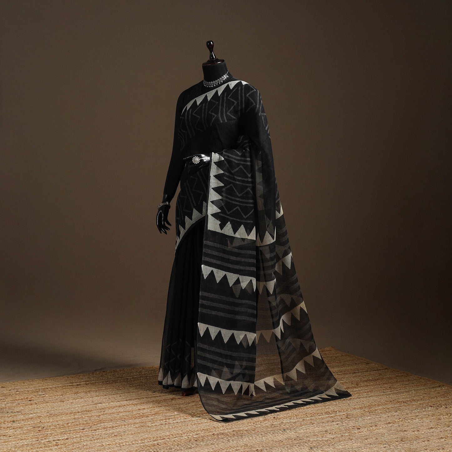 Black - kota doria cotton sanganeri saree - handcrafted