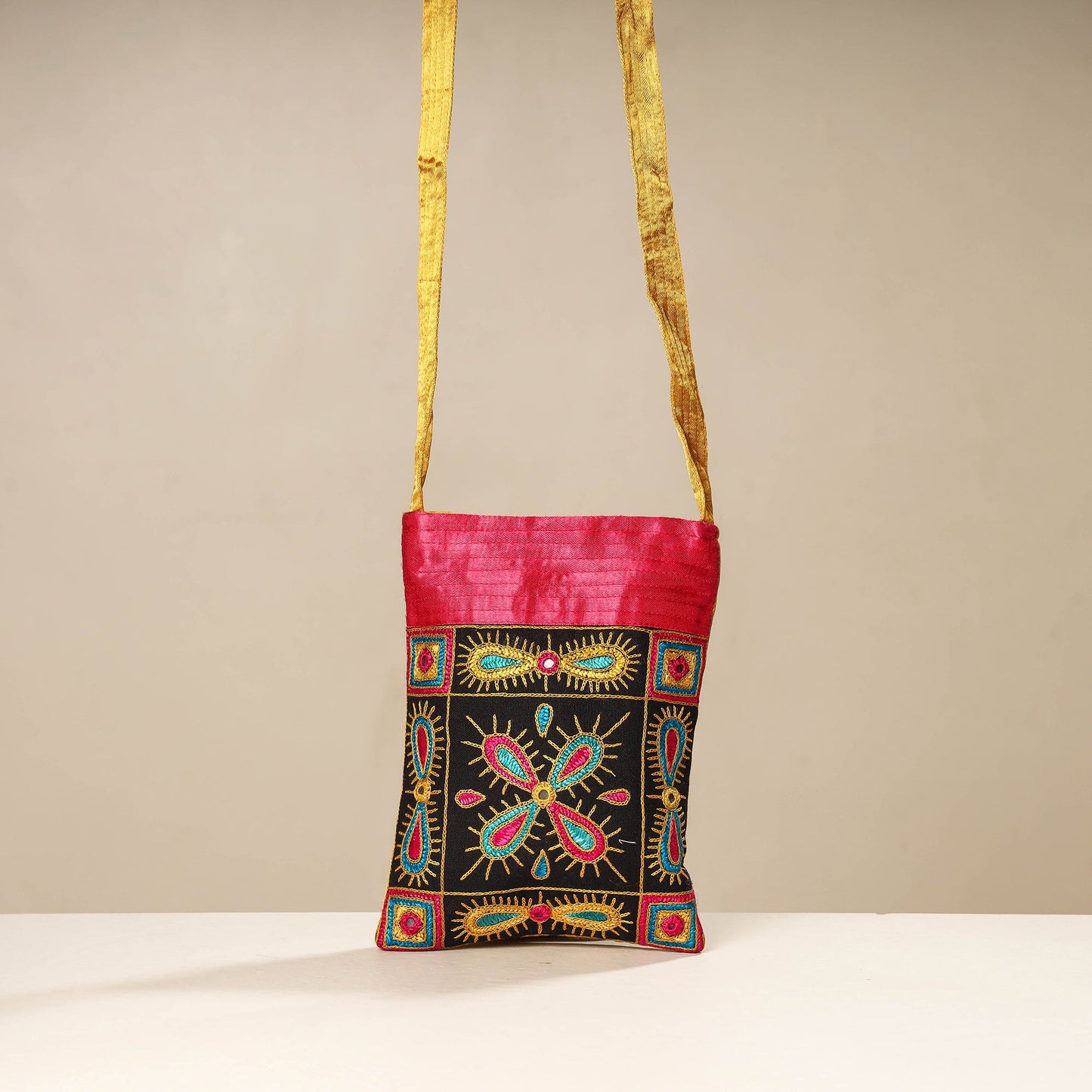 Black Kutch Ahir Embroidery Mashru Silk Sling Bag