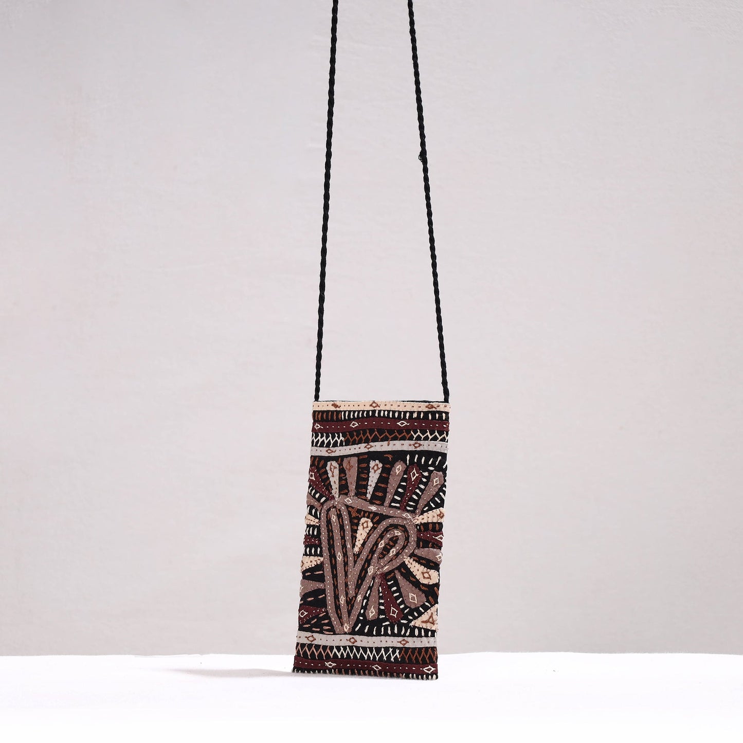 Black Kutch Dhebariya Qatab Embroidery Cotton Sling Mobile Pouch
