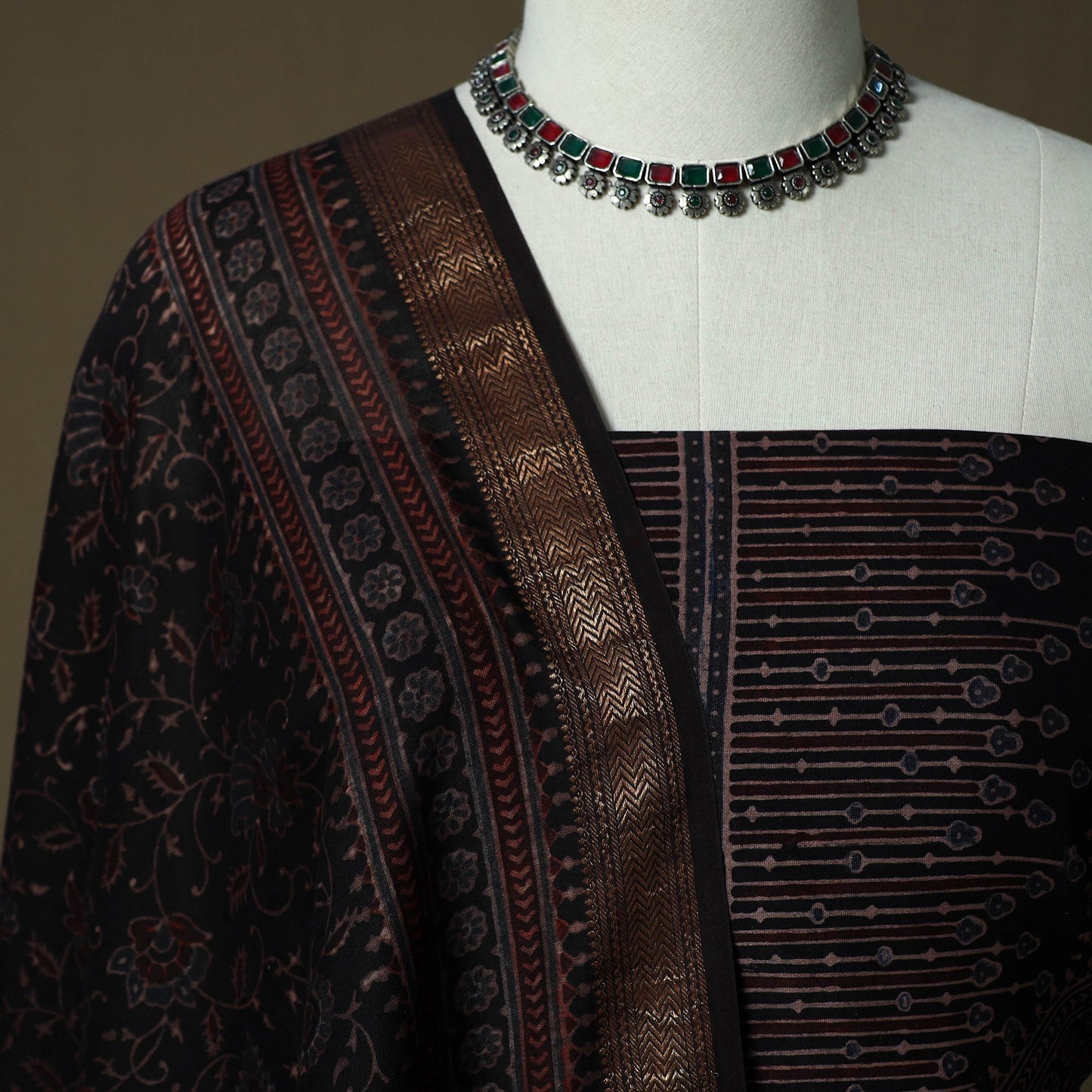 Kutch hand block ajrakh print natural dyed chanderi silk