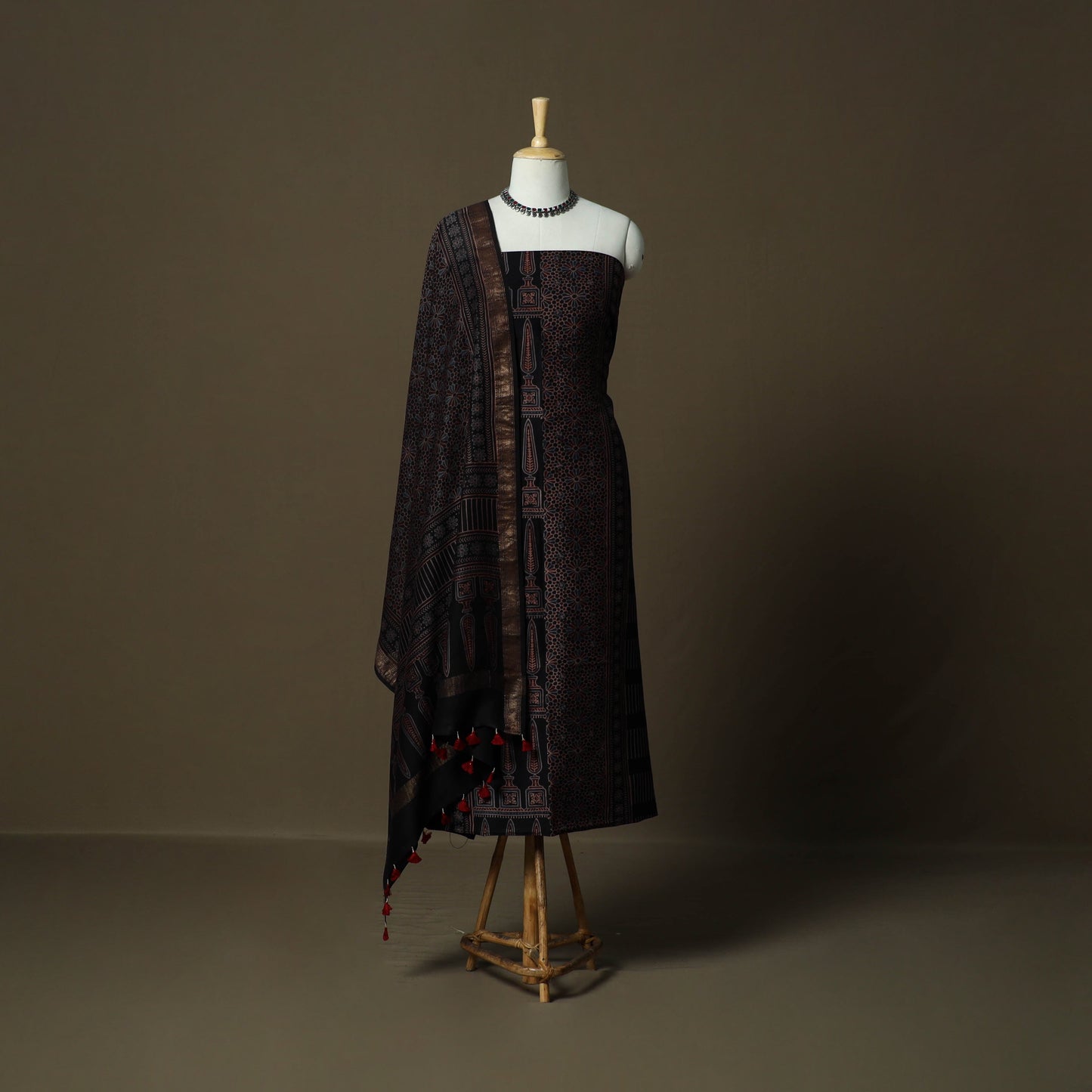 Kutch hand block ajrakh print natural dyed chanderi silk