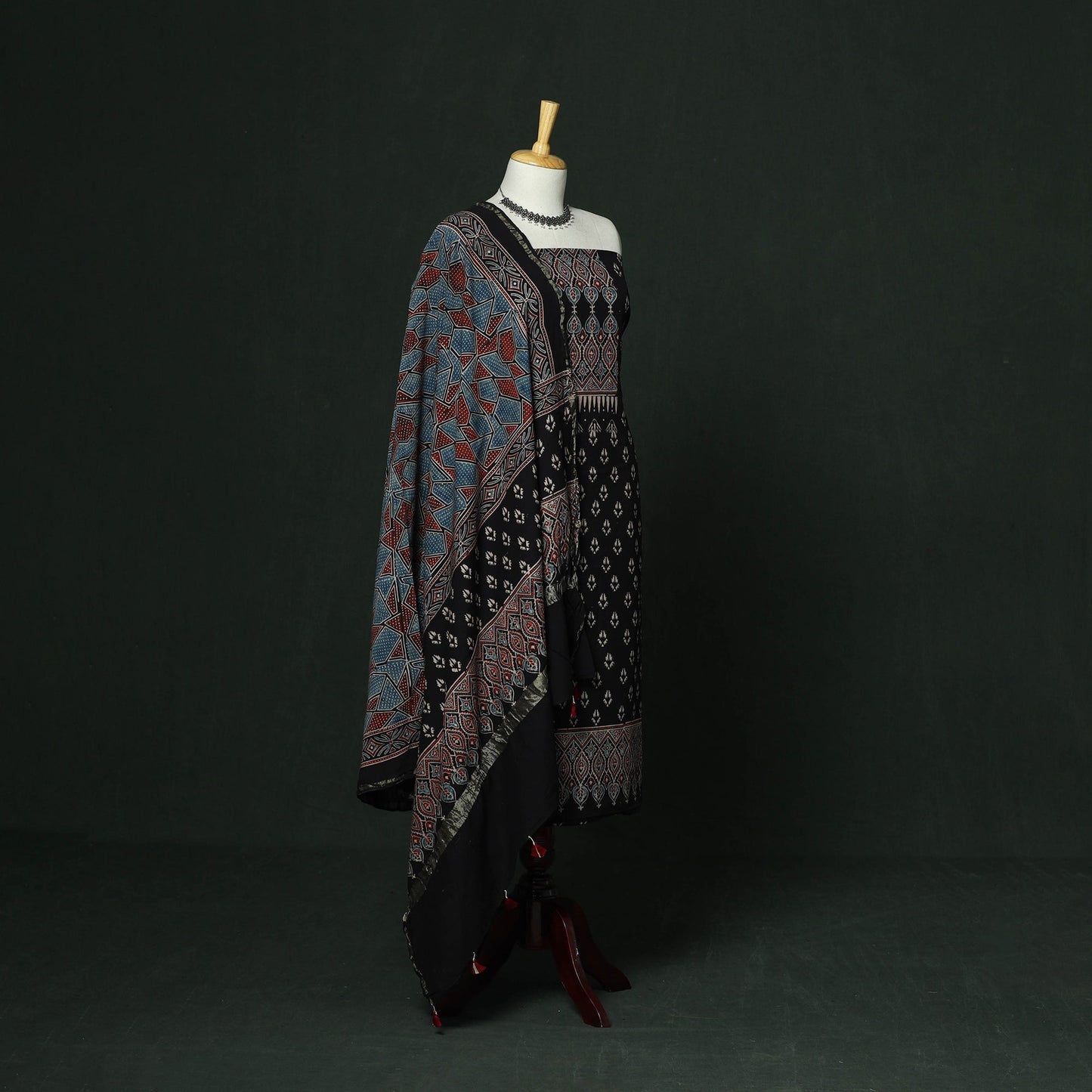 Kutch hand block ajrakh print natural dyed chanderi silk