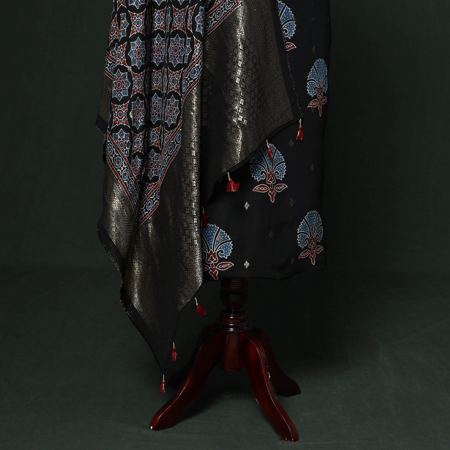 Kutch hand block ajrakh print natural dyed dola silk zari