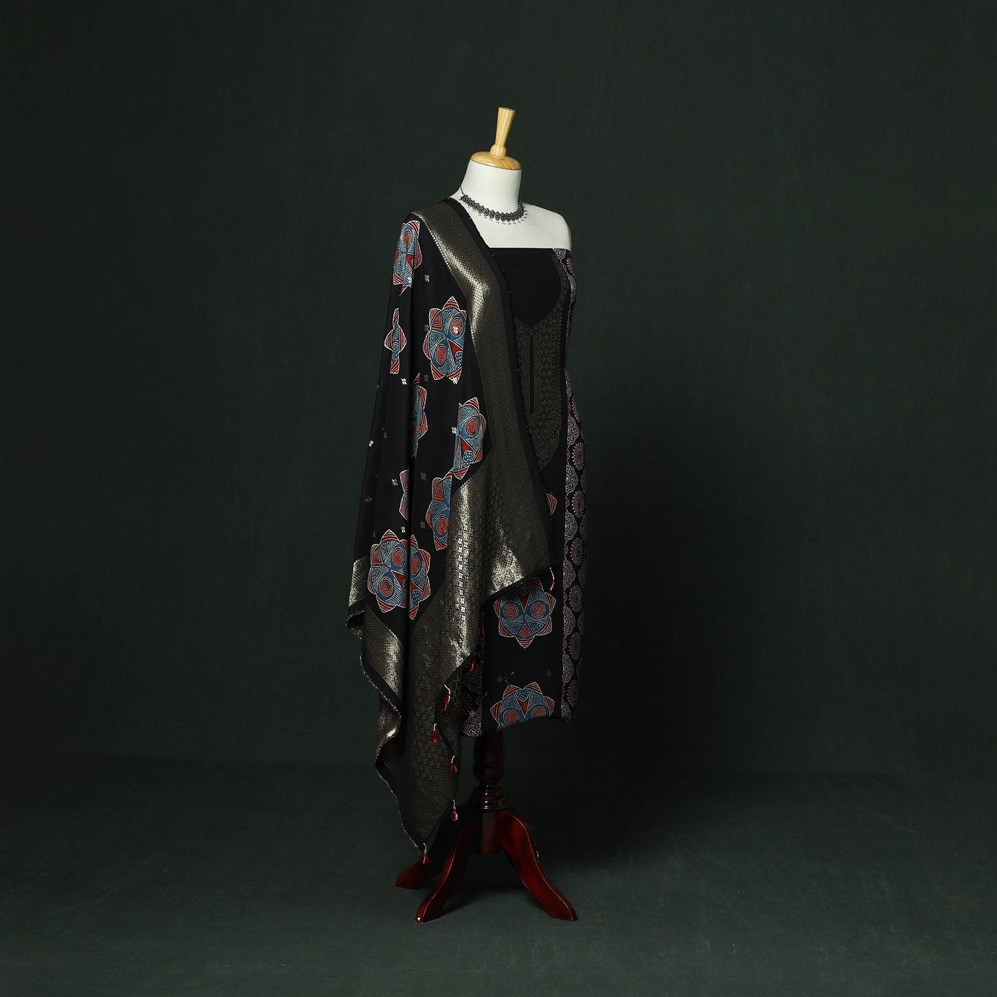 Kutch hand block ajrakh print natural dyed dola silk zari