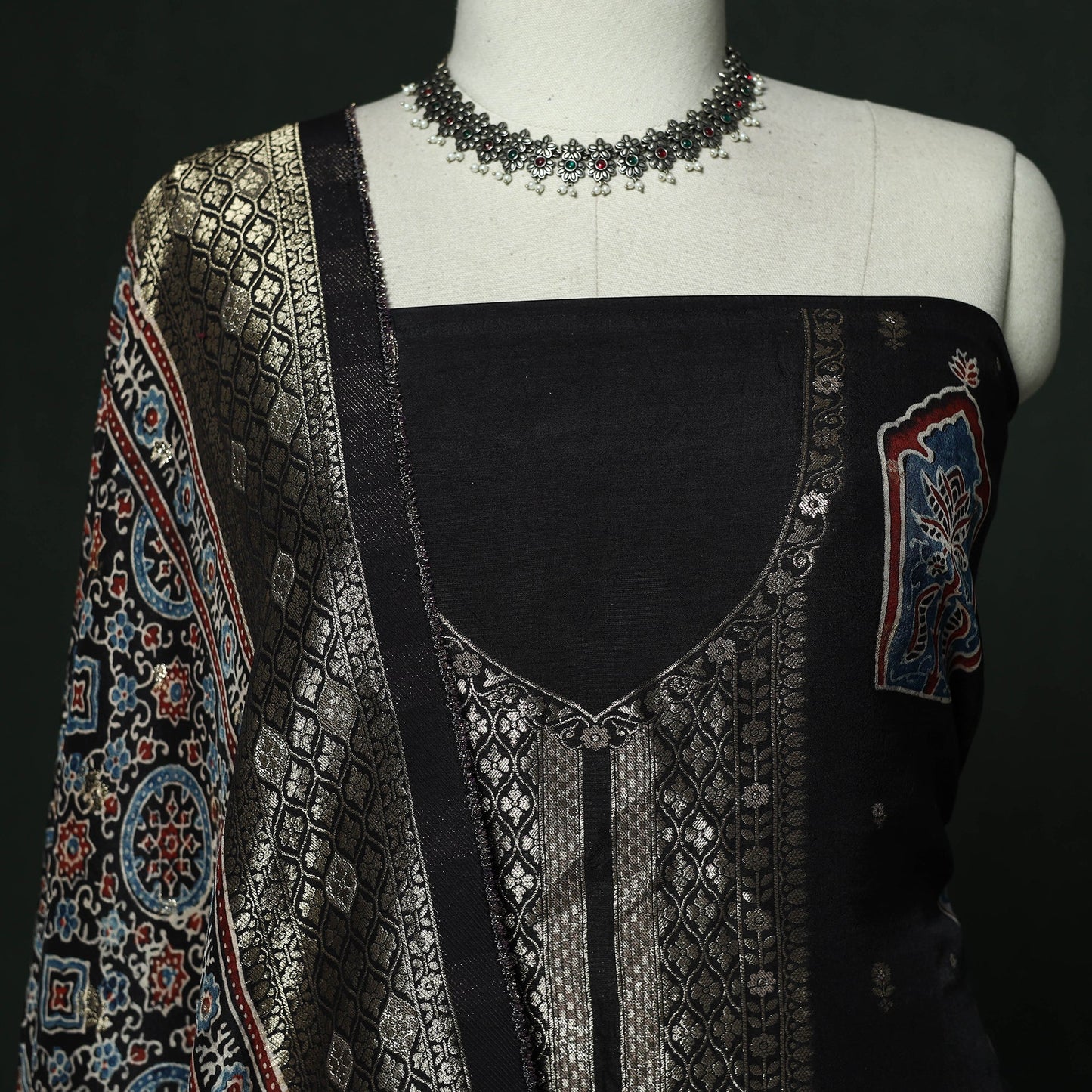 Kutch hand block ajrakh print natural dyed dola silk zari