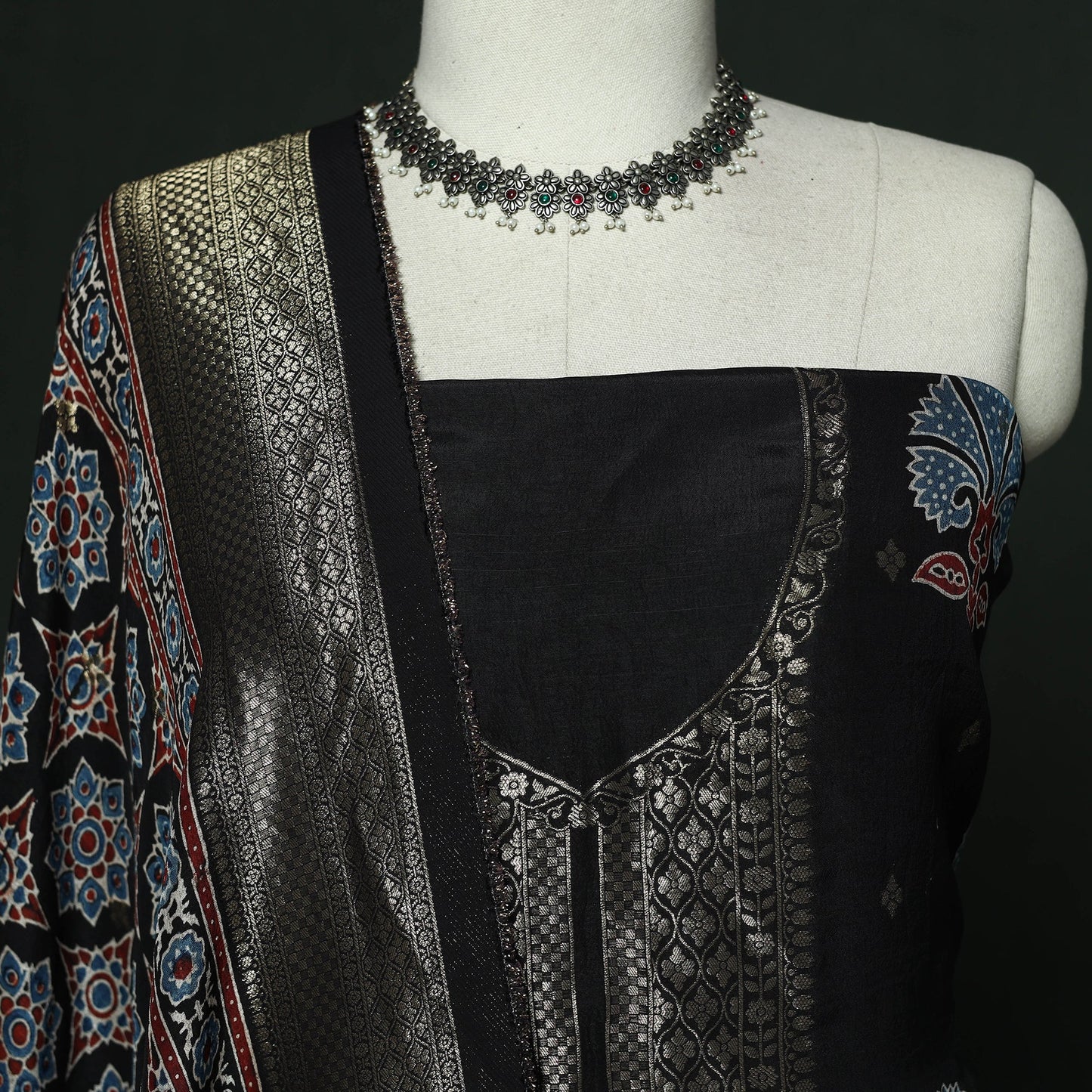 Kutch hand block ajrakh print natural dyed dola silk zari