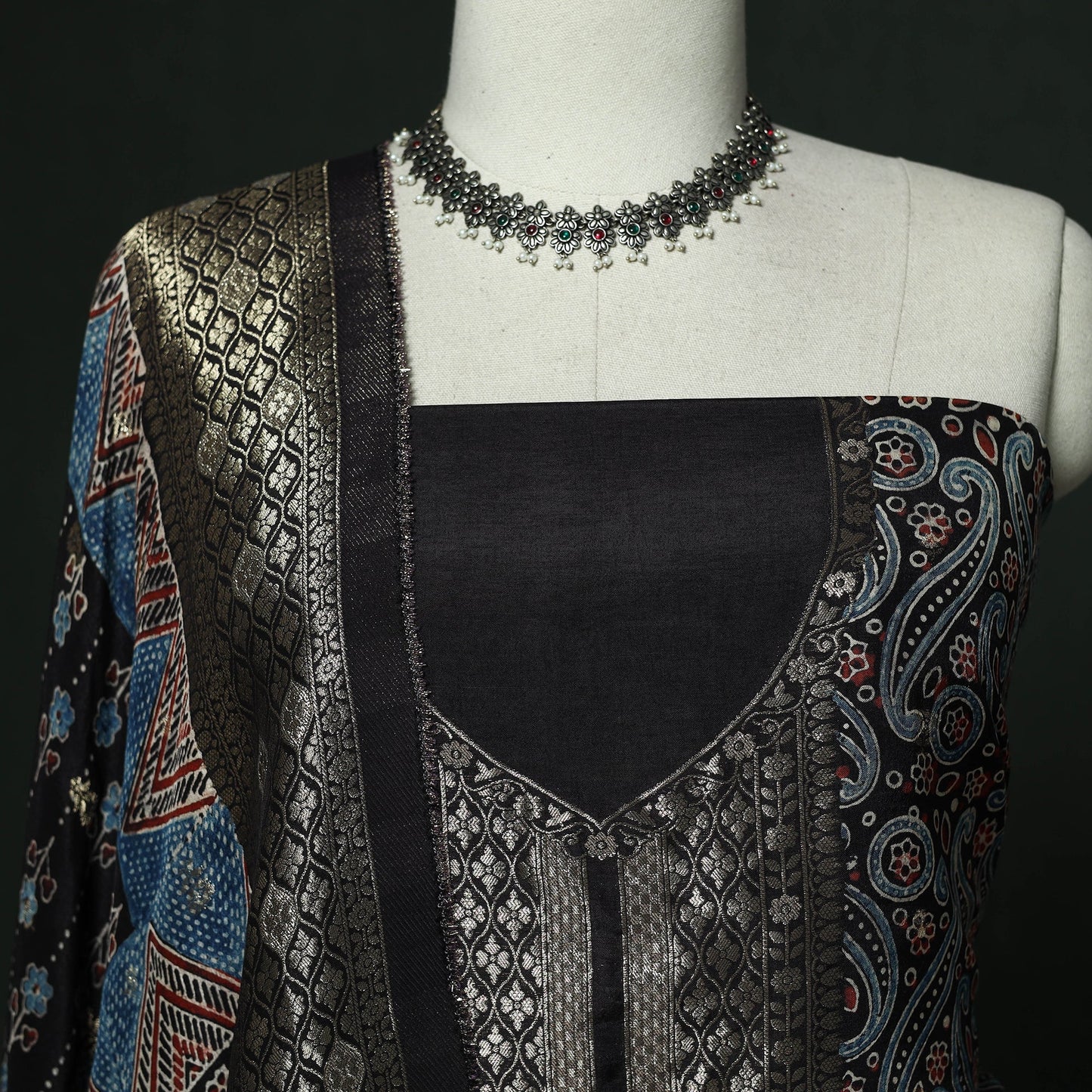 Kutch hand block ajrakh print natural dyed dola silk zari