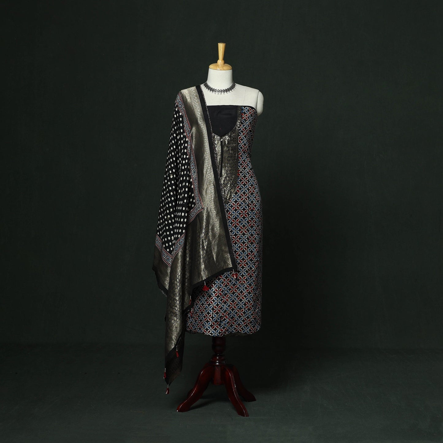 Kutch hand block ajrakh print natural dyed dola silk zari