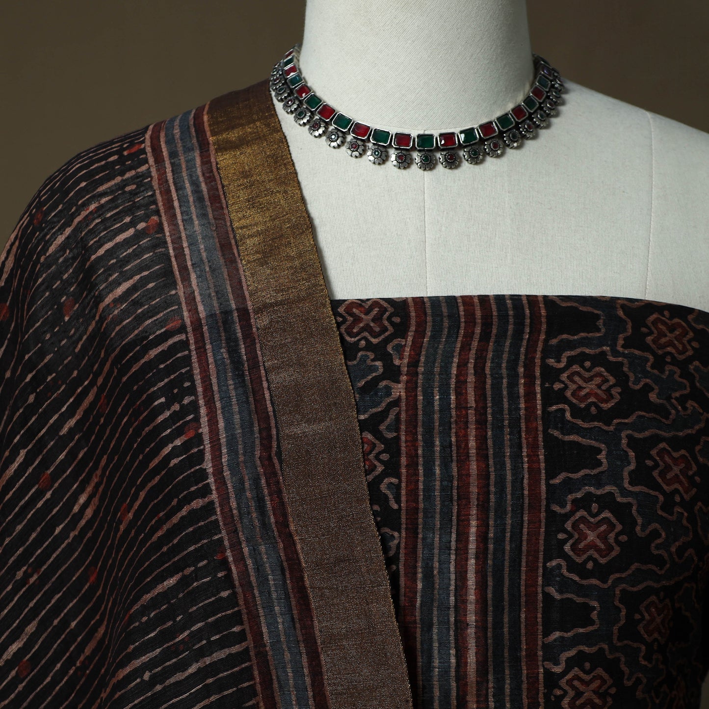 Kutch hand block ajrakh print natural dyed linen 2pc