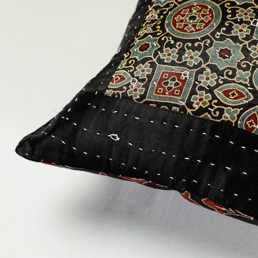 Kutch Embroidered Ajrakh Mashru Silk Cushion Cover (12 x 12 in)