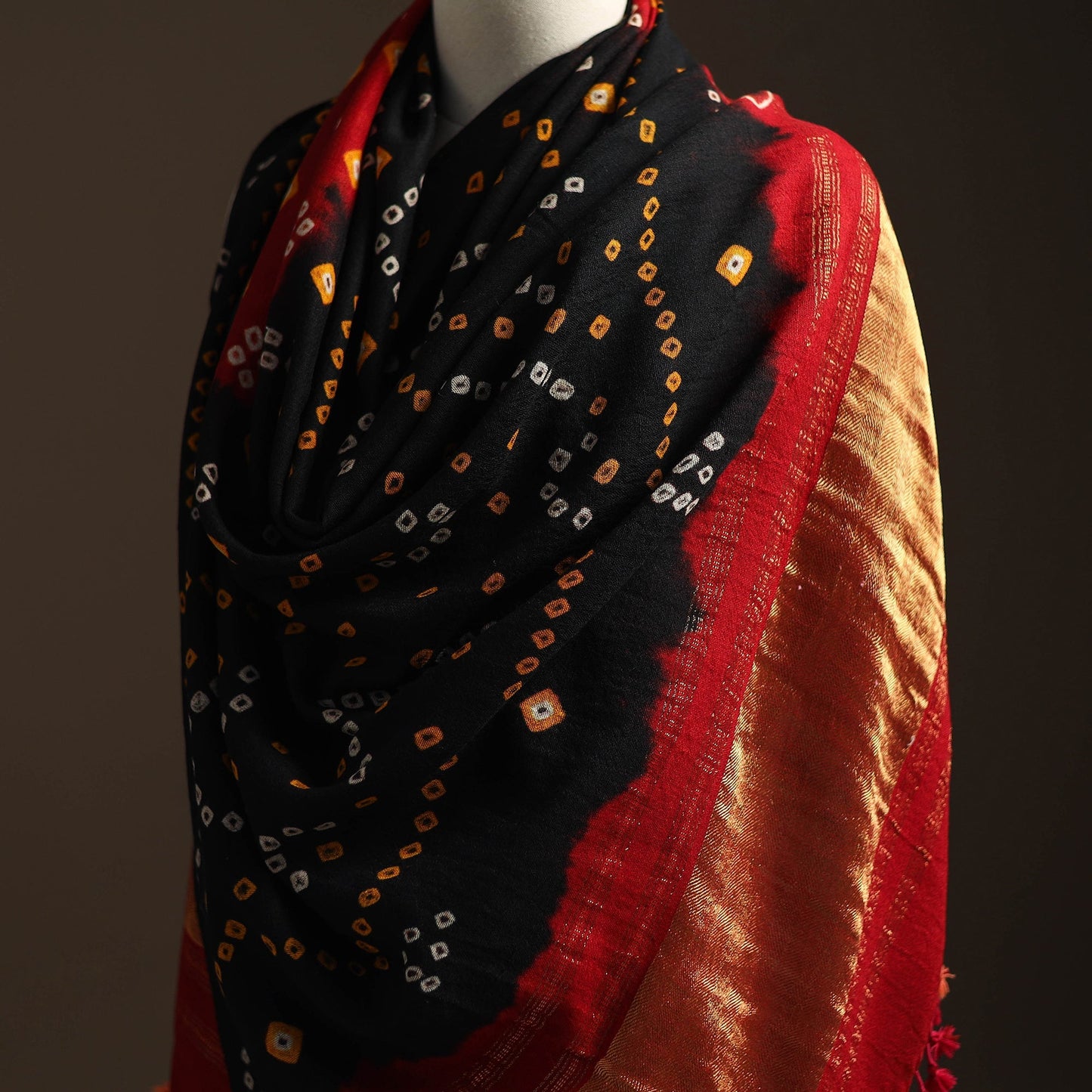 Kutch handwoven bandhani woolen shawl with zari border 56