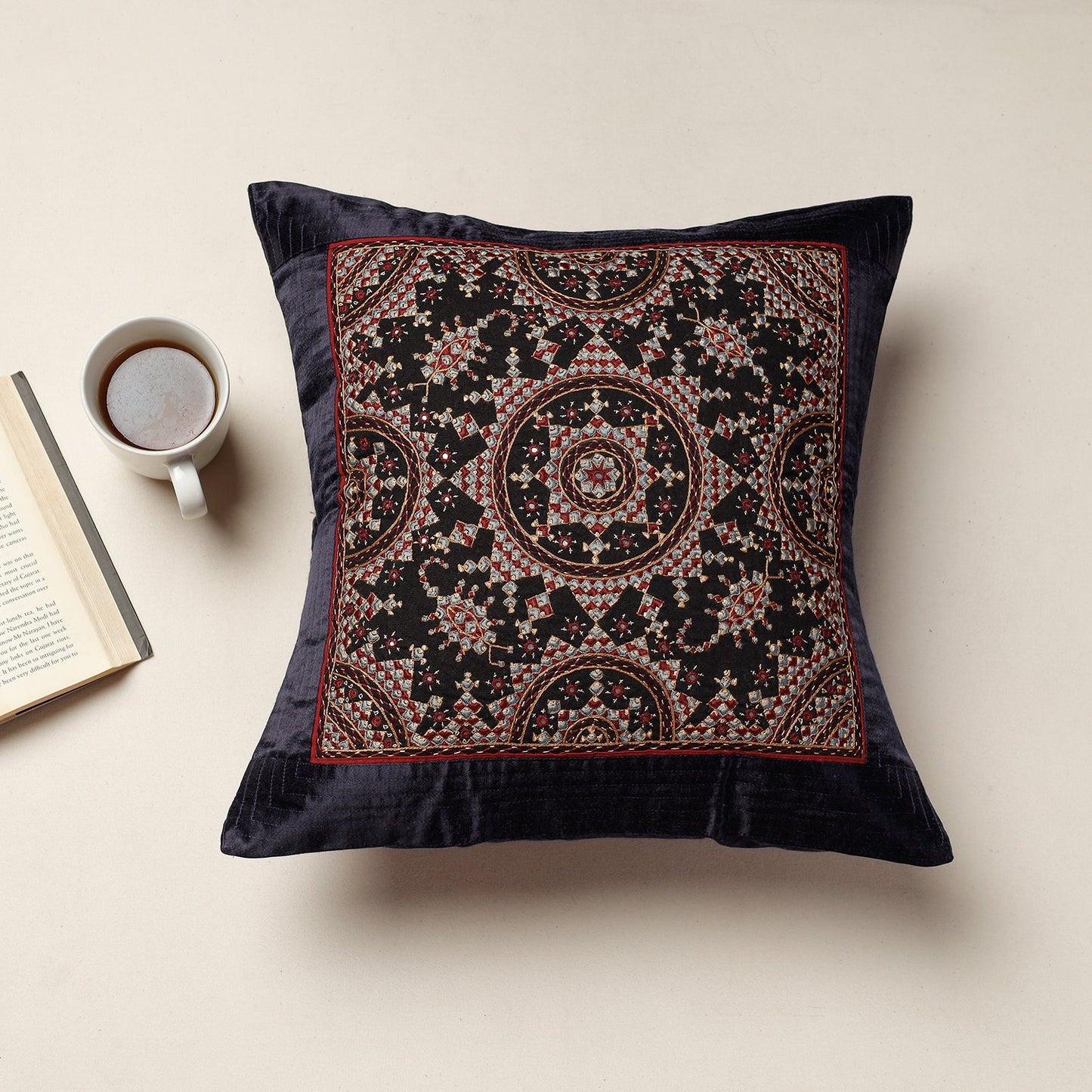 Kutch Neran Hand Embroidery Mashru Silk Cushion Cover