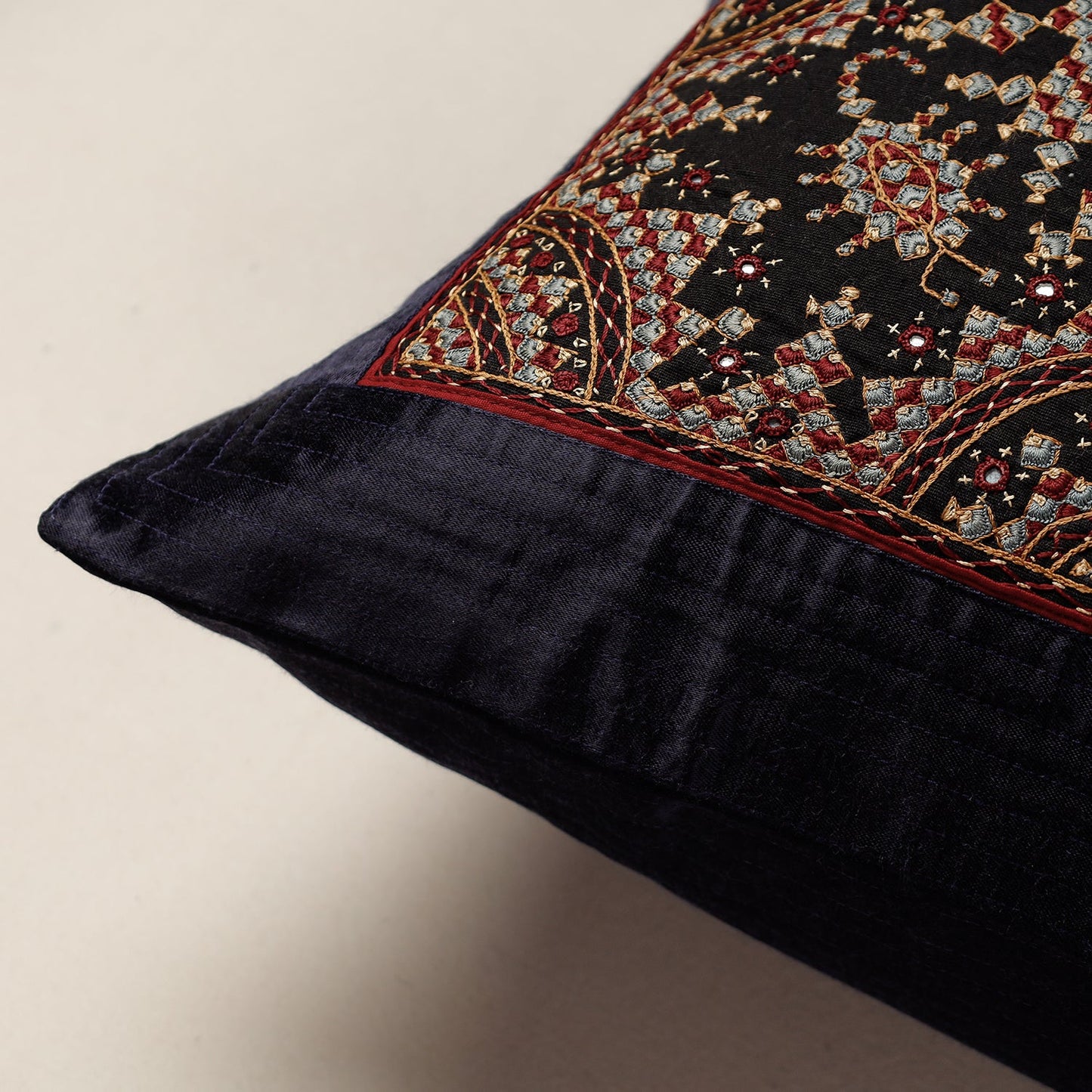 Kutch Neran Hand Embroidery Mashru Silk Cushion Cover