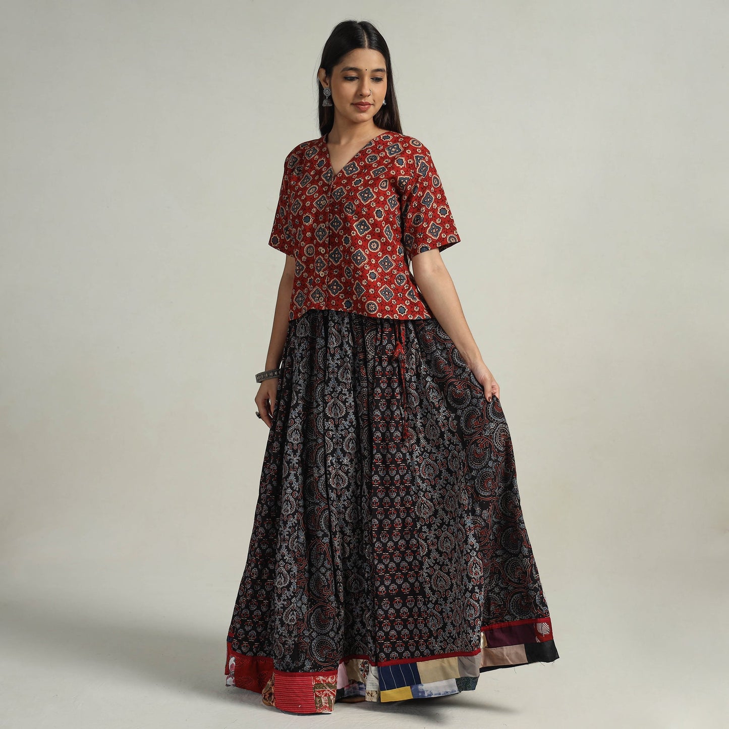 Black - kutch printed 24 kali cotton long skirt 03