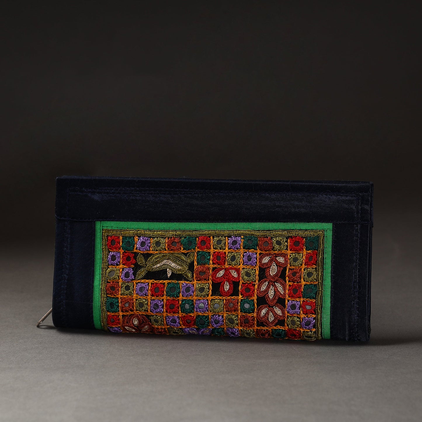 Black Kutchi Embroidery Mirror Work Clutch